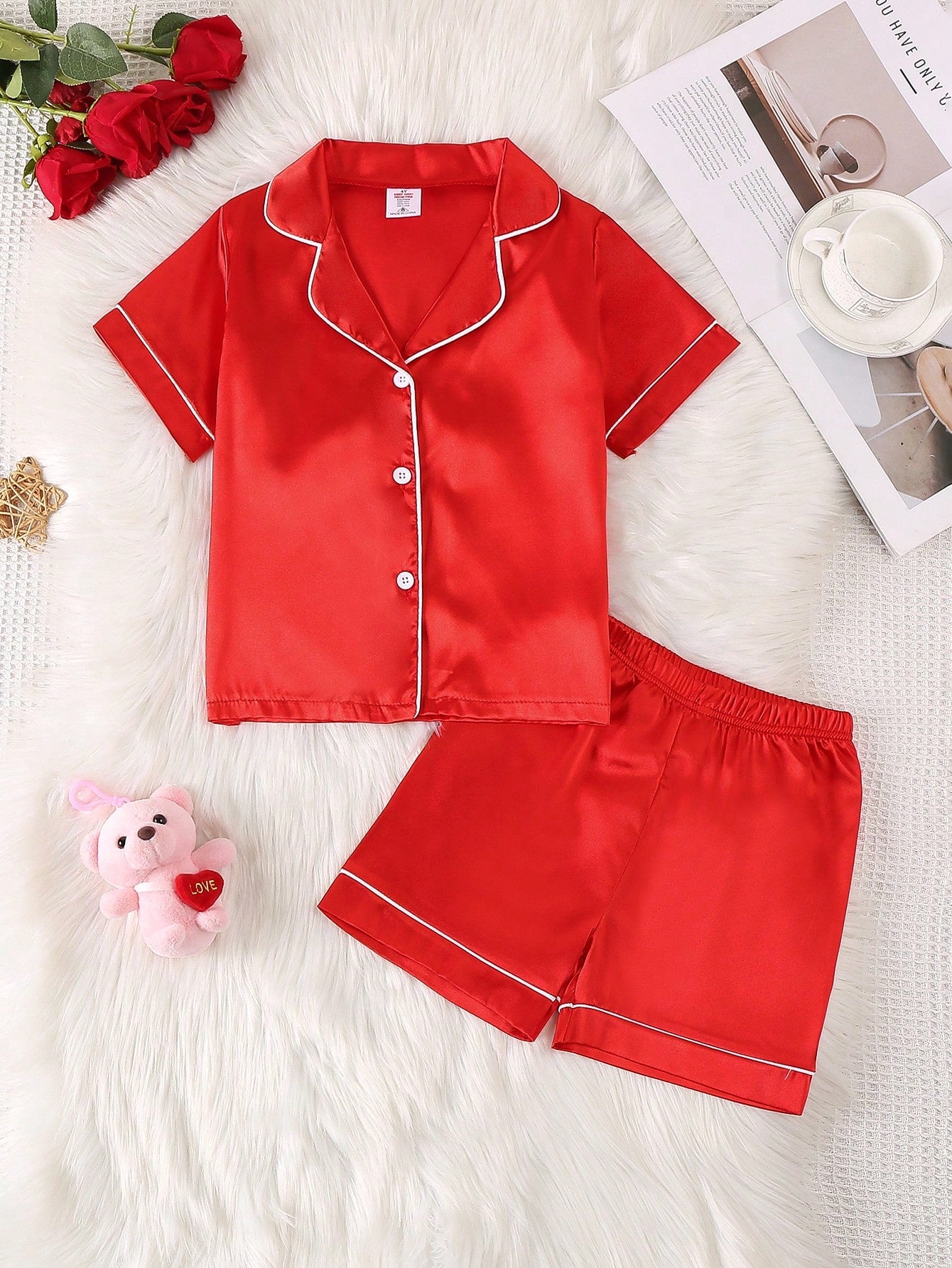 Young Girl Summer Solid Pink Single-Breasted Short Sleeve Shirt + Shorts Casual Outfit Set