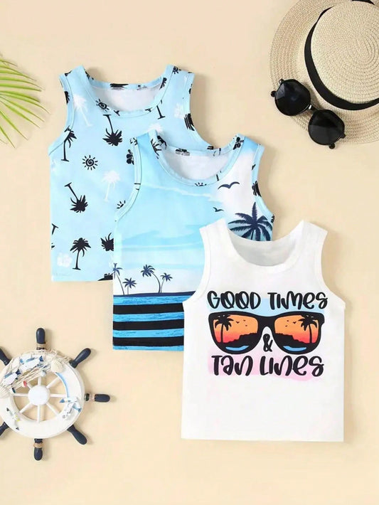 3pcs Boys' Beach Palm Tree Print Tank Top And Sunglasses Print Vest, Summer/Spring/Fall