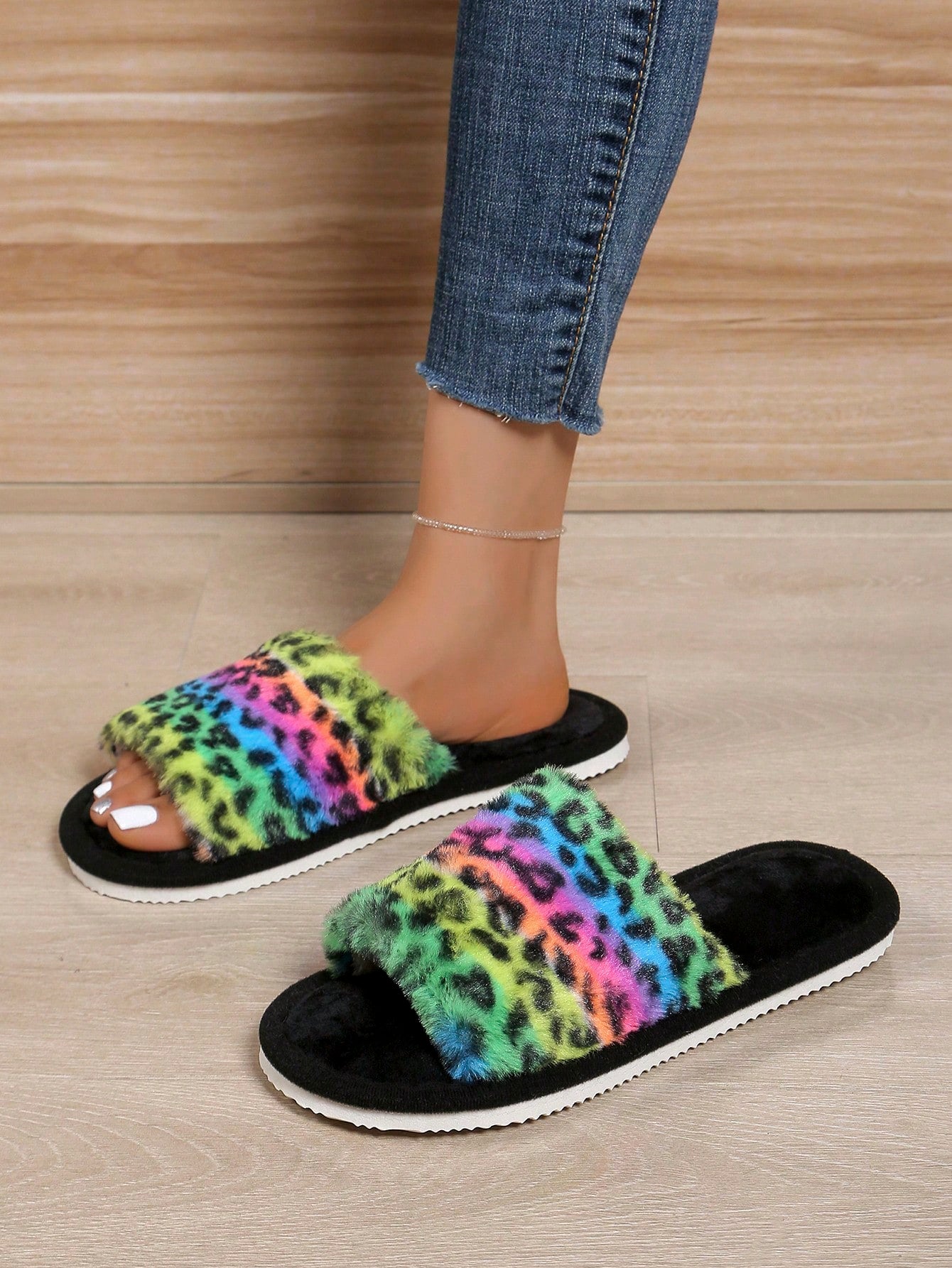 Women's Plush Rainbow Stripe Open-Toe Slippers, Comfortable Indoor House Slippers, Four Seasons Wearable For Autumn And Winter