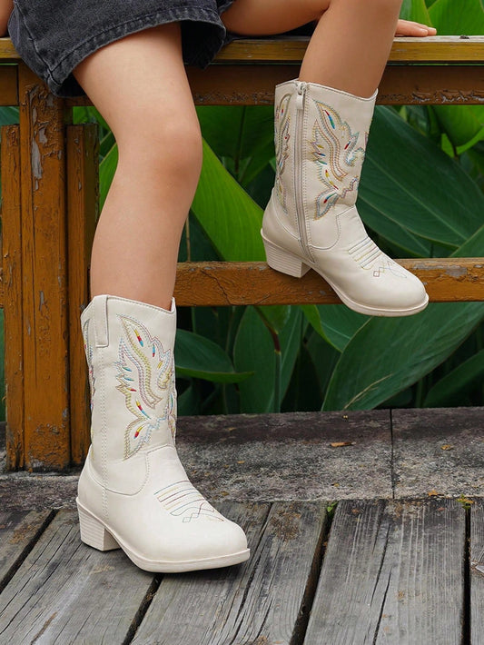 Vintage Embroidered Pattern Girl Zipper Boots, Light And Slip-Resistant Cowboy Boots For Indoor And Outdoor Travel, Spring And Autumn Seasons