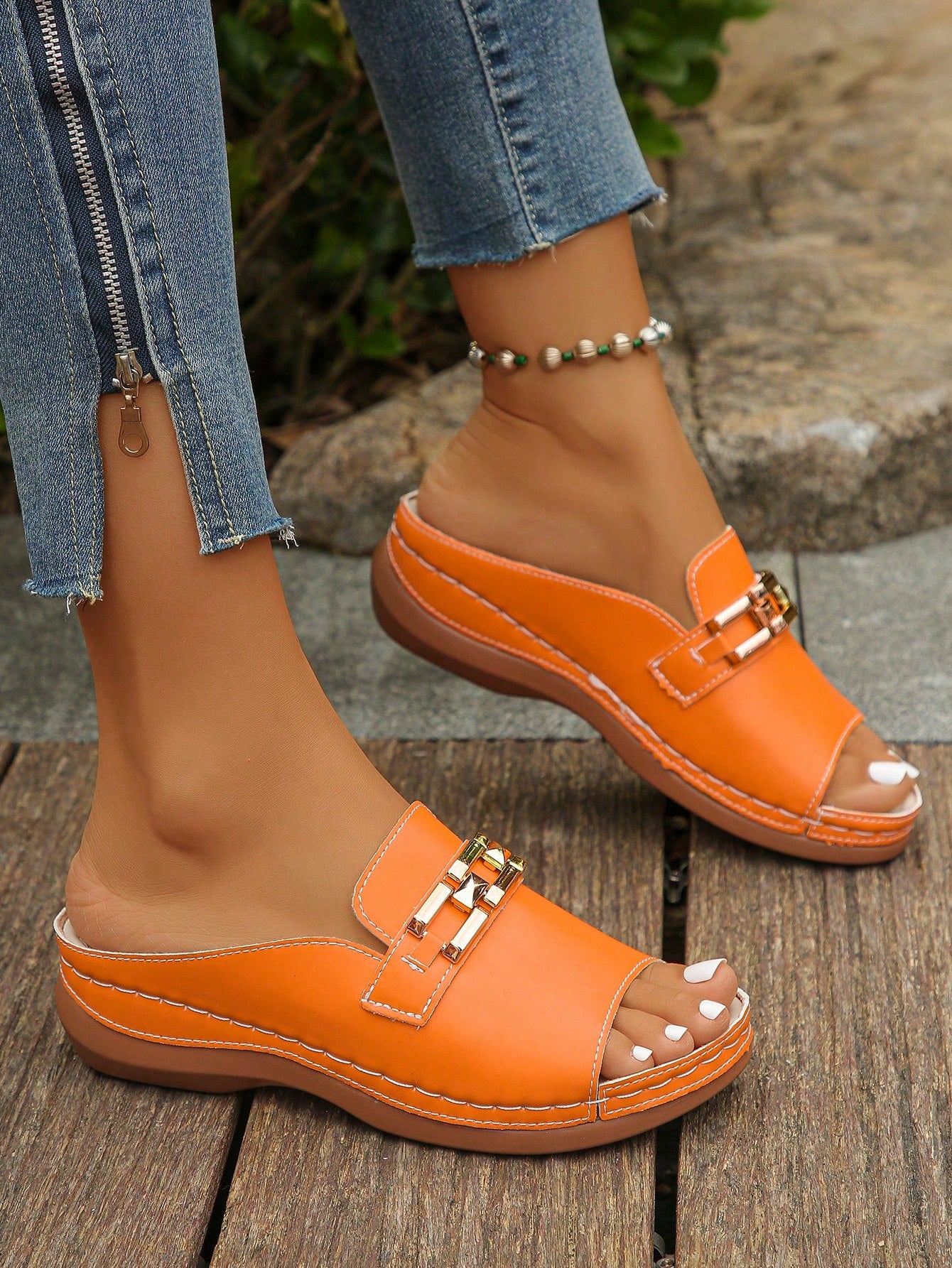 Plus Size Women's Fashionable Orange Wedge Heel Sandals, Size 36-43, With Metal Chain, Perfect For Day-To-Day And Outdoor Wear, Lightweight And Comfortable With Thick Platform Sole