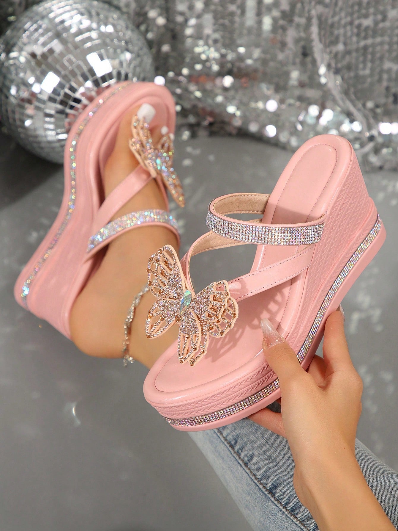 New Women's Wedge Heel Thick Sole Sandals, With Rhinestones, Waterproof Platform, Fashion Zipper Butterfly Design, Hot Mesh Style Shoes