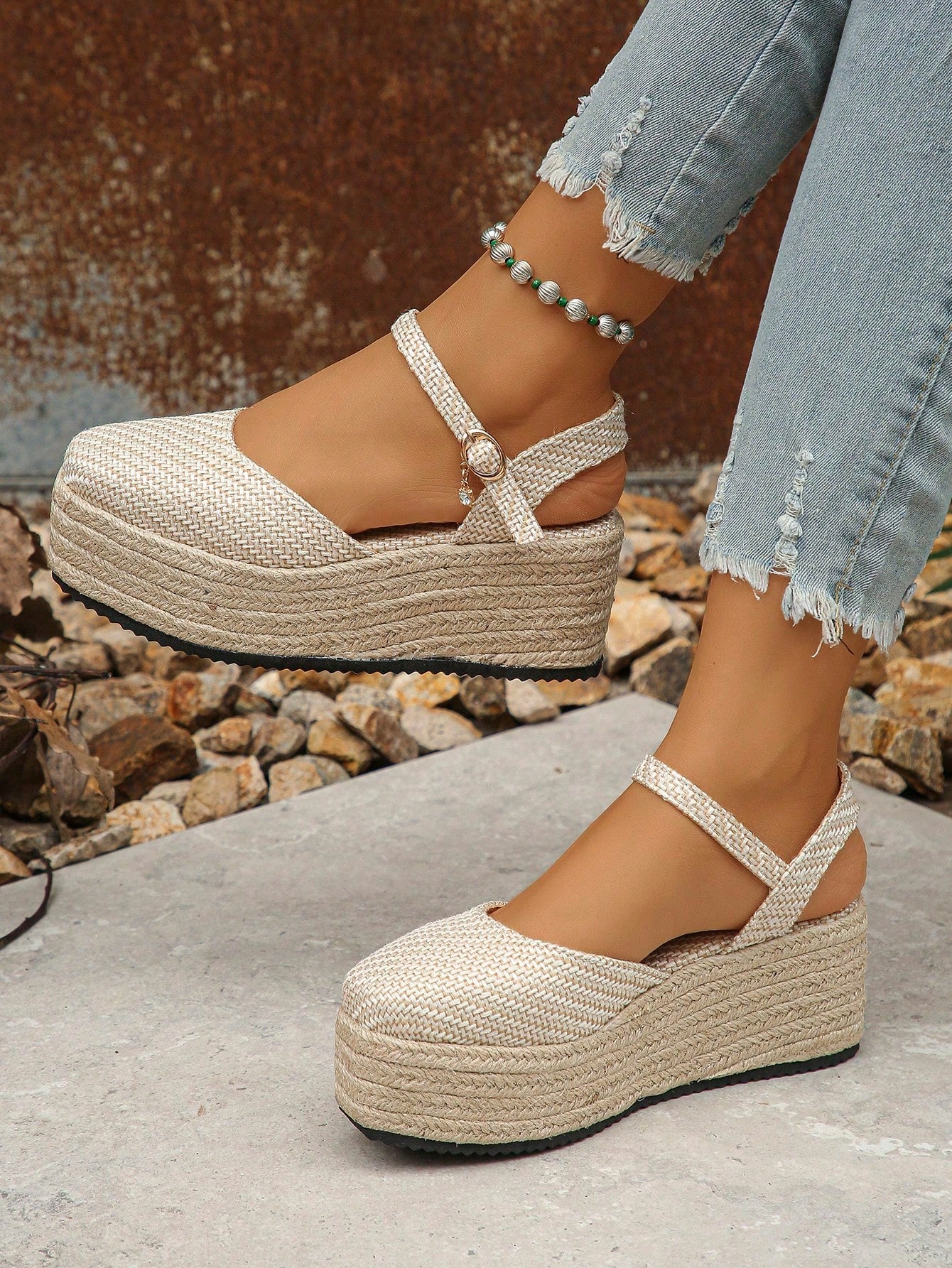 Oversized European & American Style Green Suede Platform Sandals With Thick Waterproof Rope Soles, Closed Toe Wedge Shoes For Women