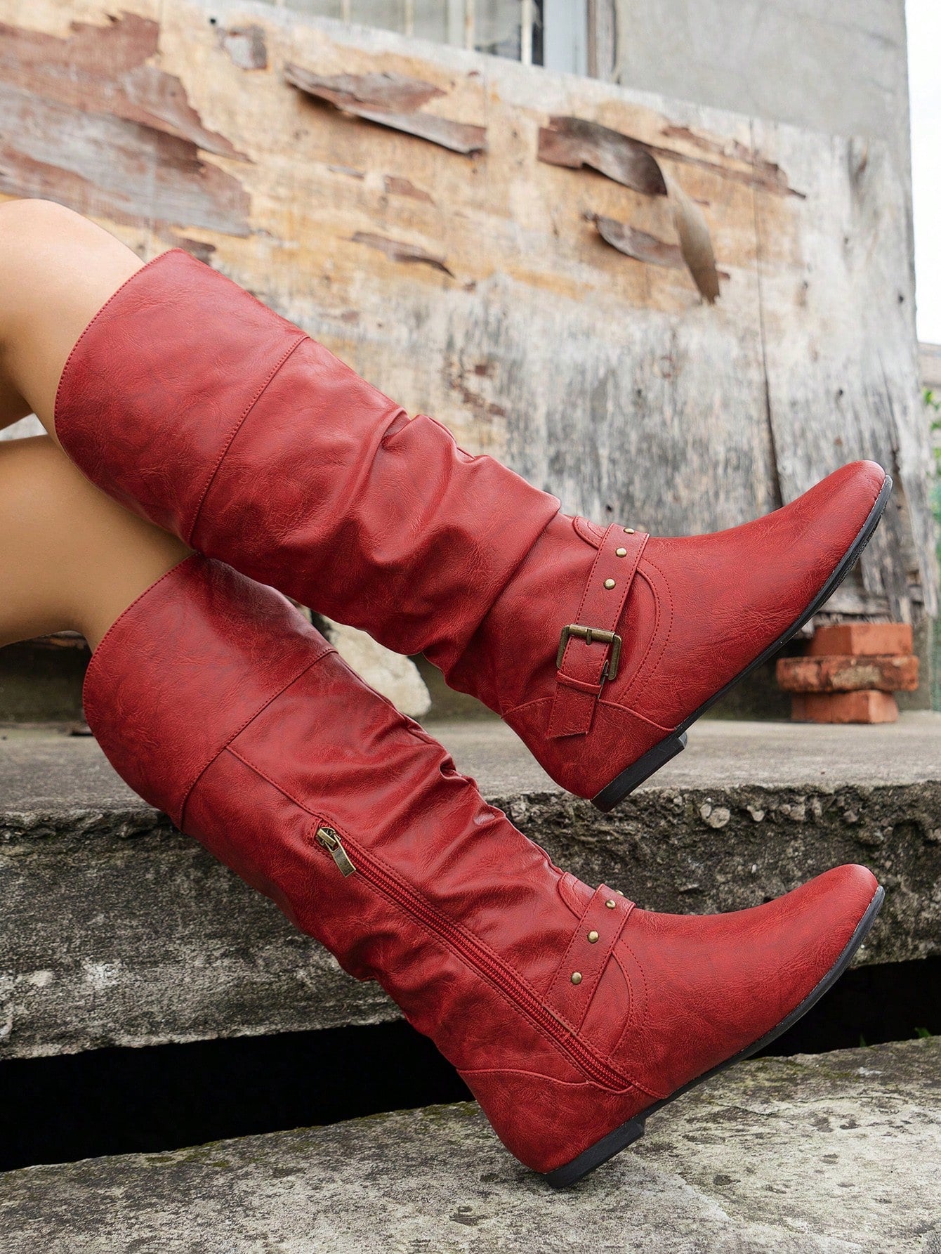 Buckle Side Zipper Flat Tall Boots Ladies Fashion Boots