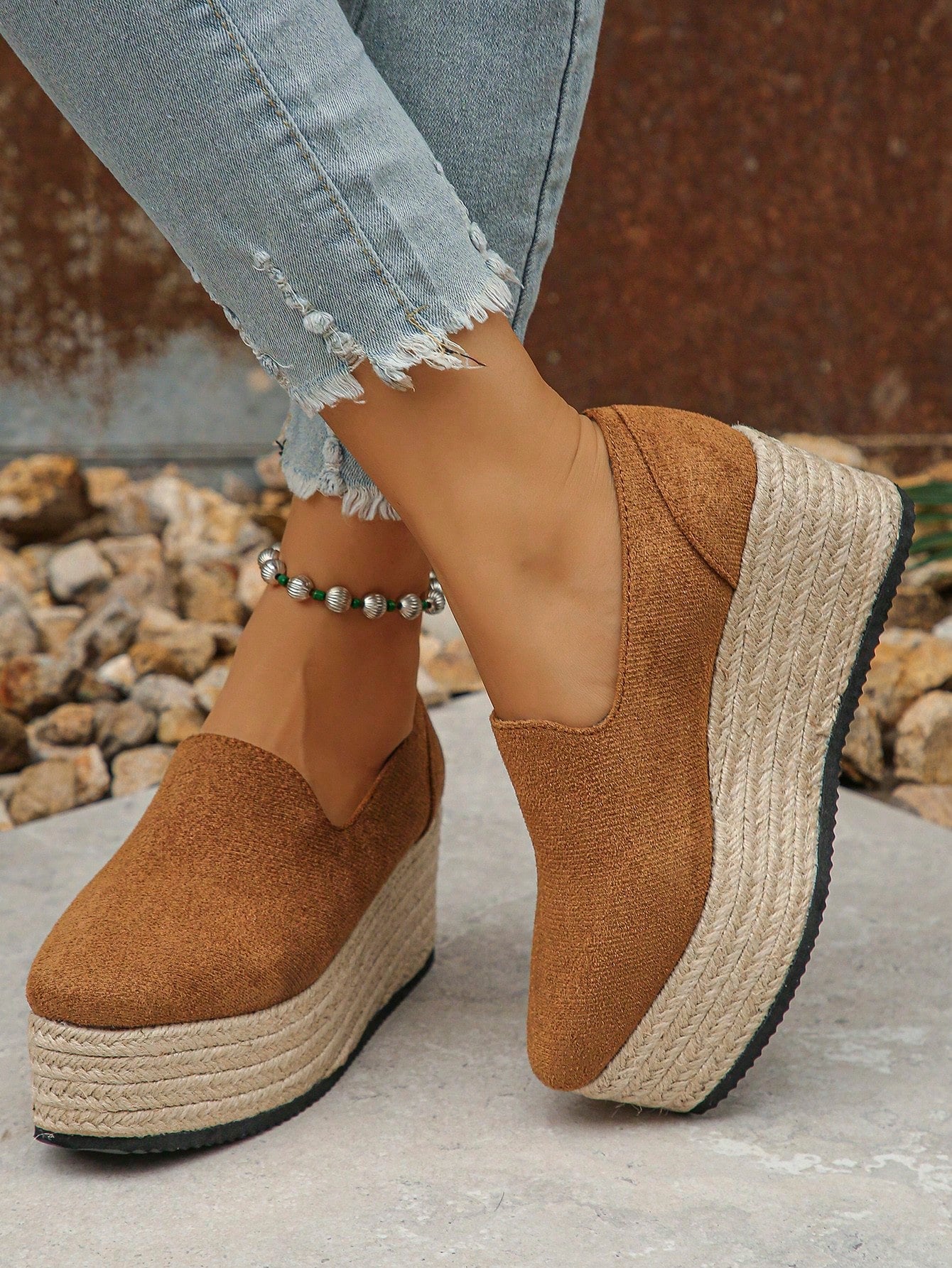 Plus Size 35-42 New Spring Autumn Casual Brown Wedge Heel Shoes, Outdoor Waterproof Platform Women's Suede Wedge Heel & Thick Sole Shoes With Woven Straw