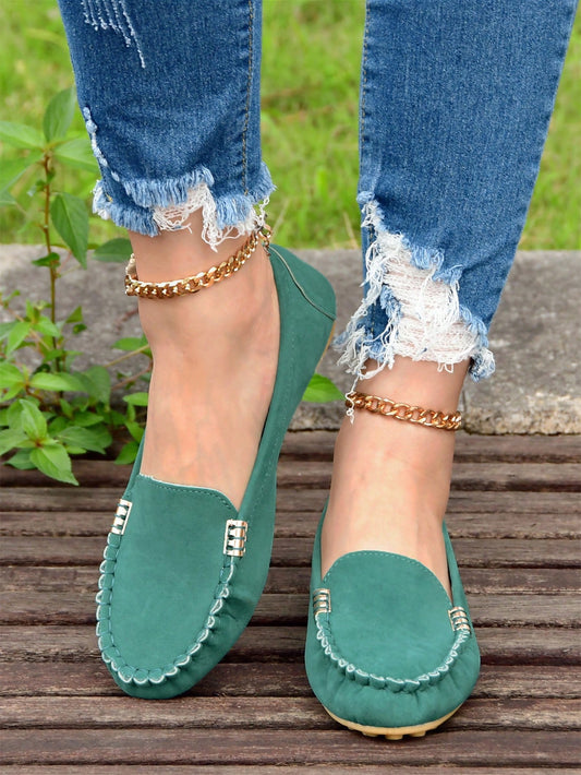 Women's Green Casual Flat Shoes, Soft Comfortable Loafers With Simple Round Toe And Flat Sole