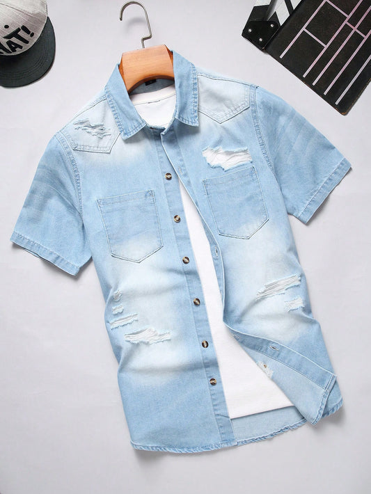 Men Ripped Denim Shirt Without Tee