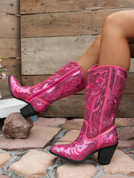 Fashionable Women's Side-Zip Shiny Sequin Embroidery Solid Color All-Match Boots, Cowboy Boot