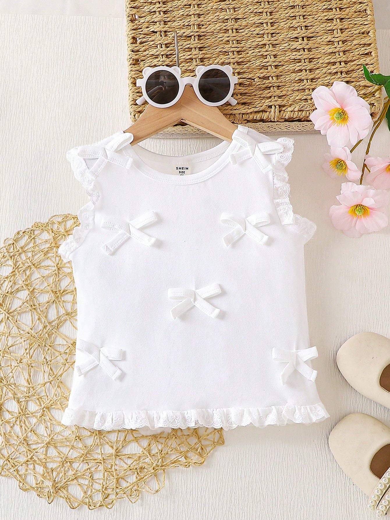 Young Girls' Summer Fashion Lace Trim Bowknot Tank Top, Cute And Sweet With Ruffled Edges