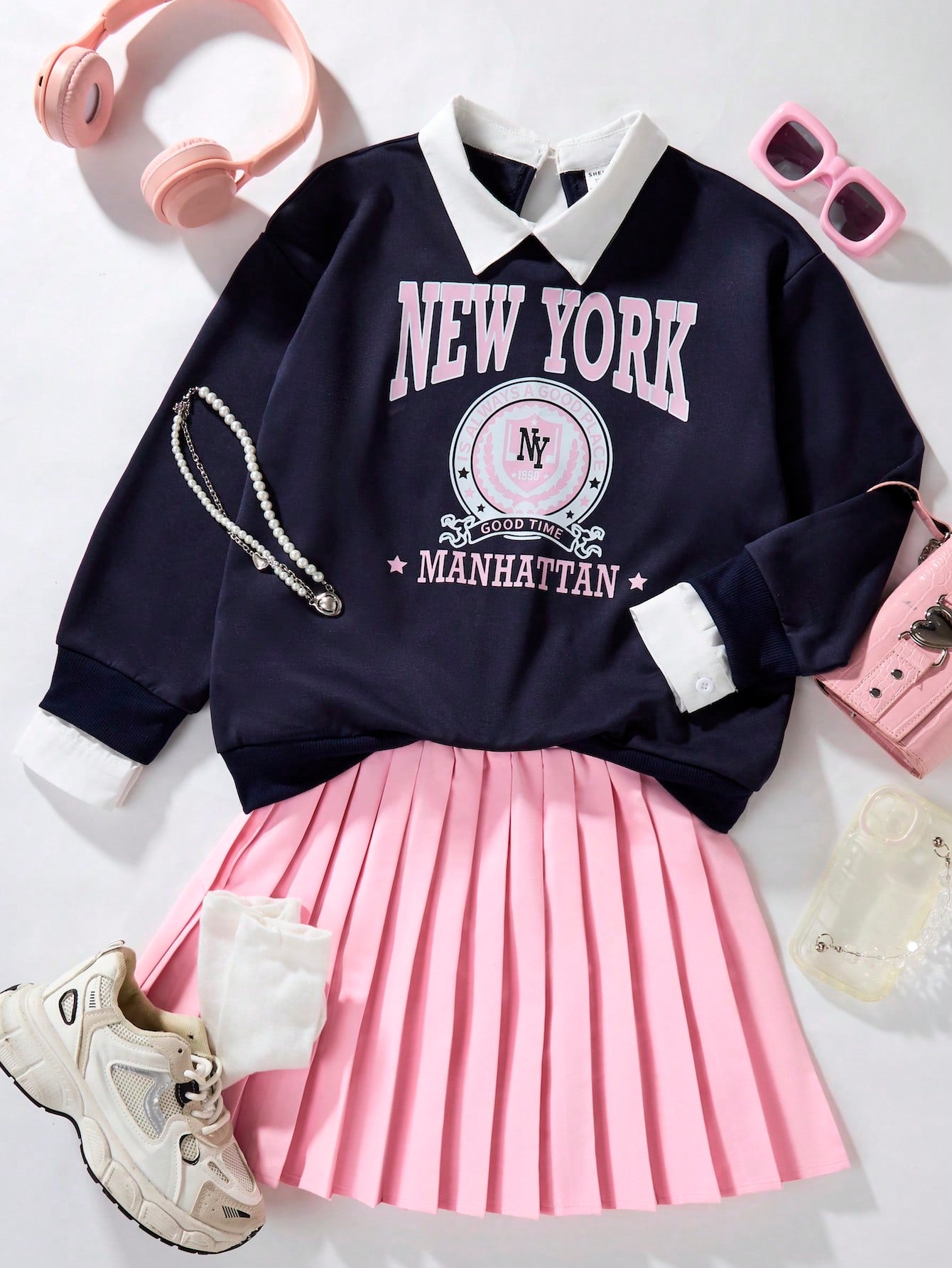 Tween Girl Spring Fashion Loose Fit POLO Collar Sweatshirt Skirt Set, Chic Design With Pleated Skirt