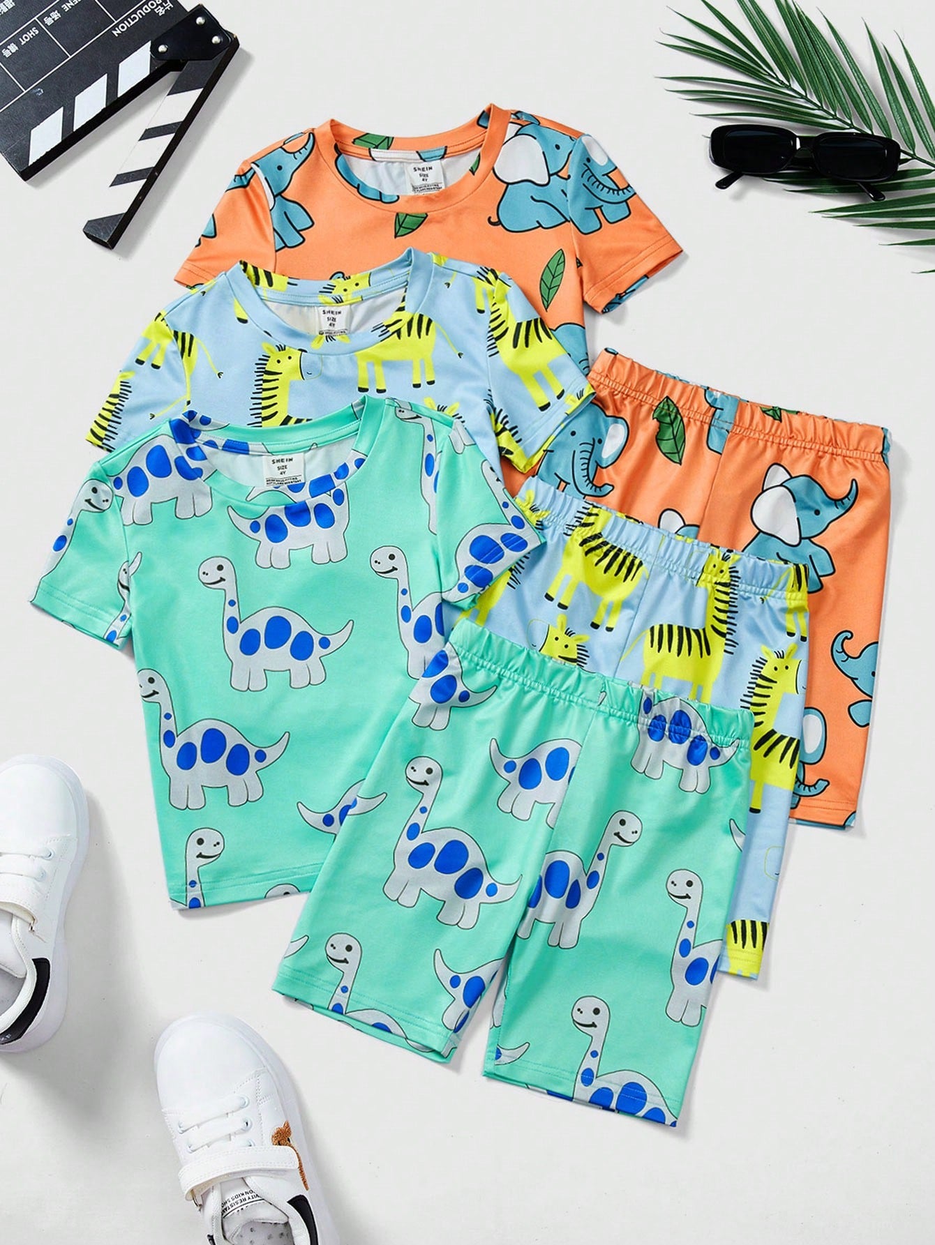 6pcs Young Boys' Casual Animal Print Short Sleeve T-Shirt & Shorts With Elephant, Dinosaur, And Zebra Design For Snug Fit Home Wear