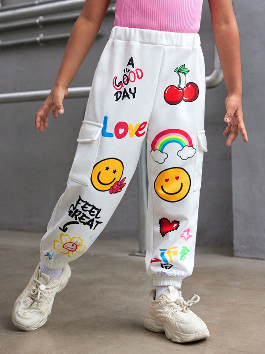 Young Girl's Knitted Casual Graffiti Printed Sweatpants