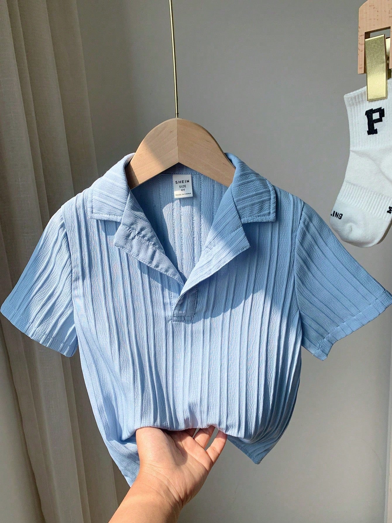 Tween Boy Extended Size Casual Half Placket Short Sleeve Woven Shirt With Collar And Wave Stripe Pattern