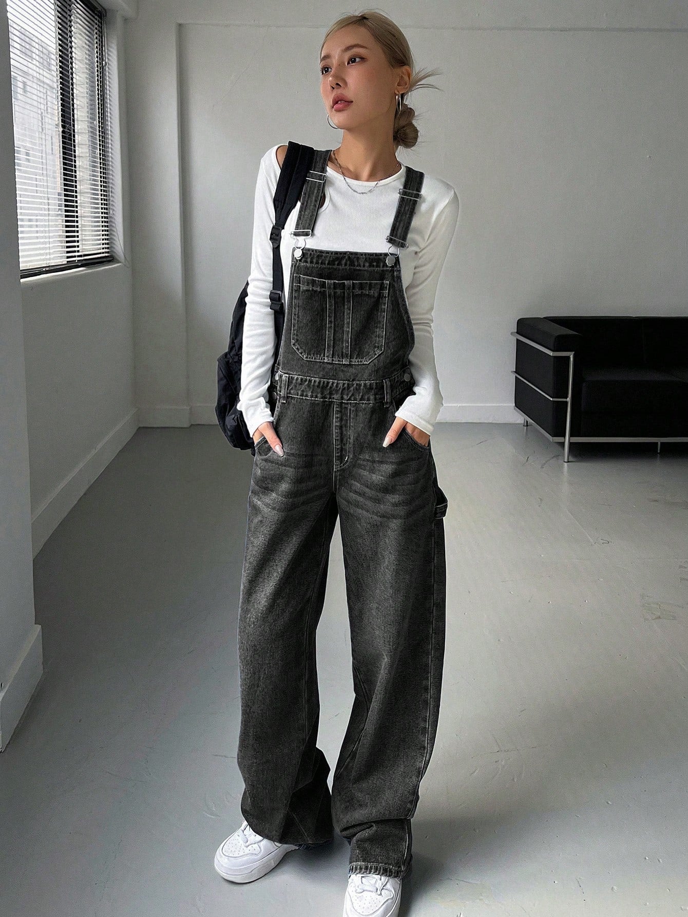 Patched Pocket Denim Overalls Without Tee