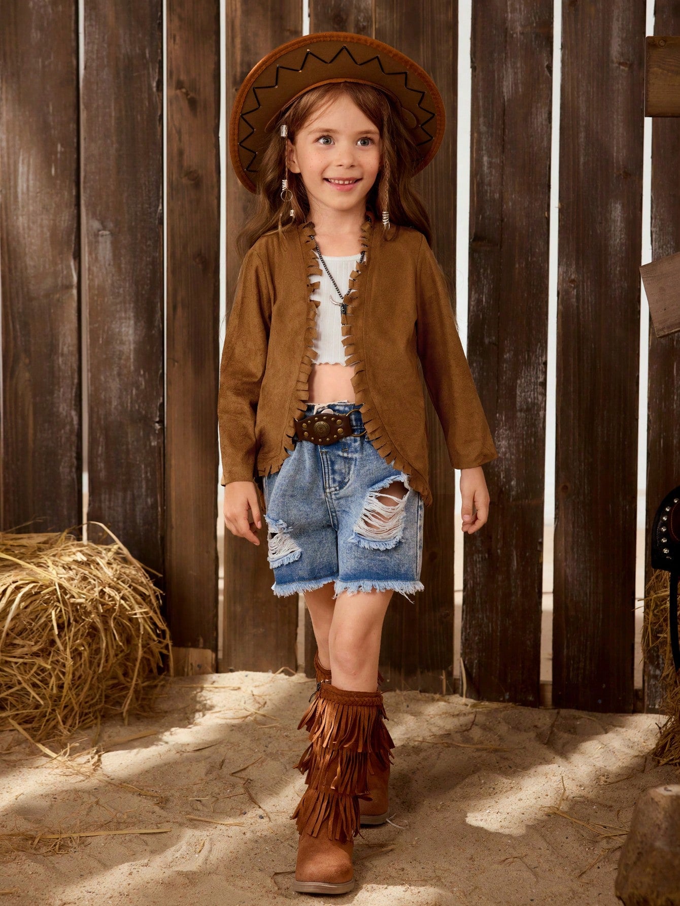 Western Style Girls' (Toddler) Solid Color Suede Slim Fit Jacket With Faux Fur Trim