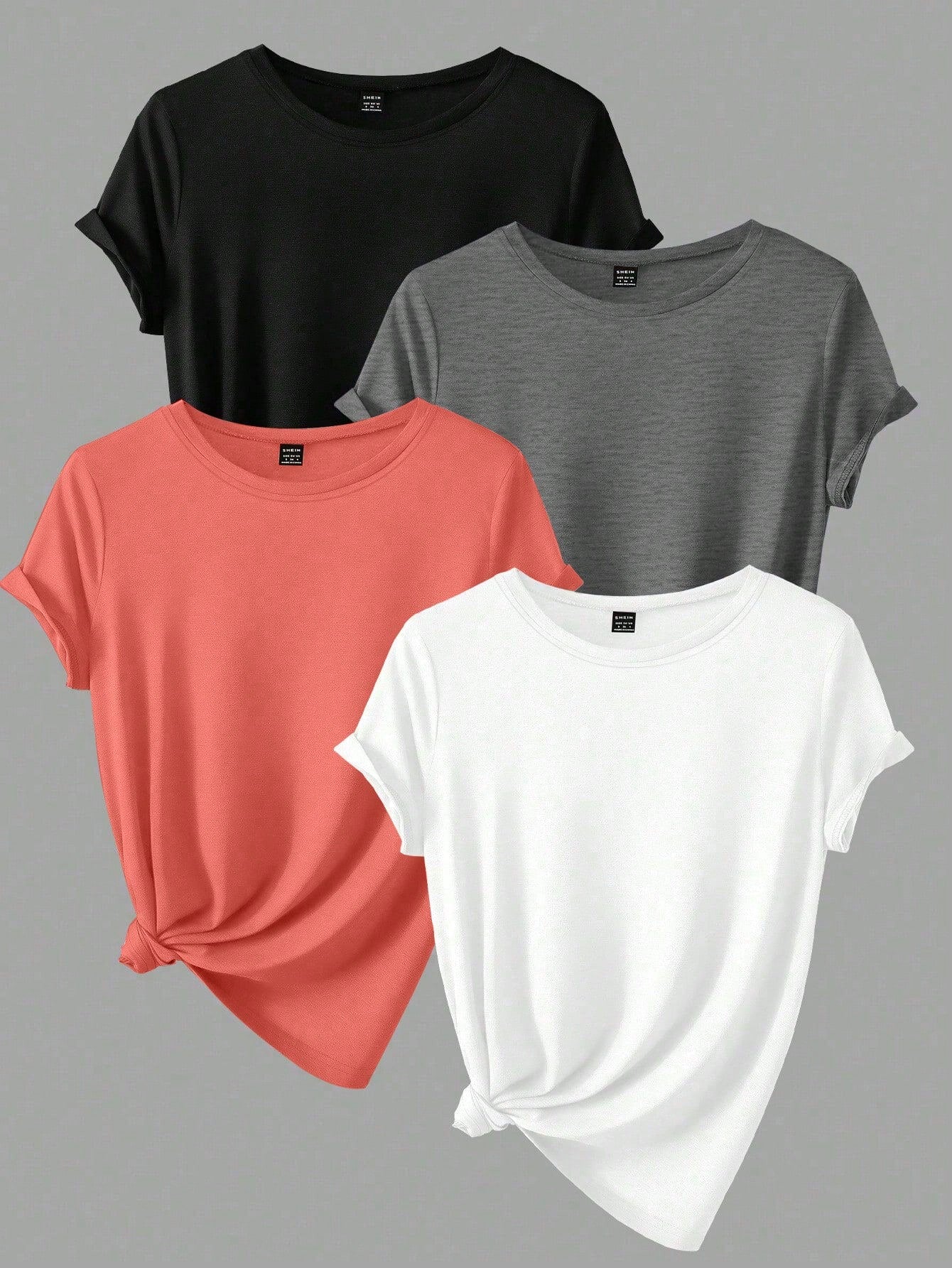 Women's Plus Size Summer 4pcs Solid Color Round Neck Short Sleeve Casual T-Shirt