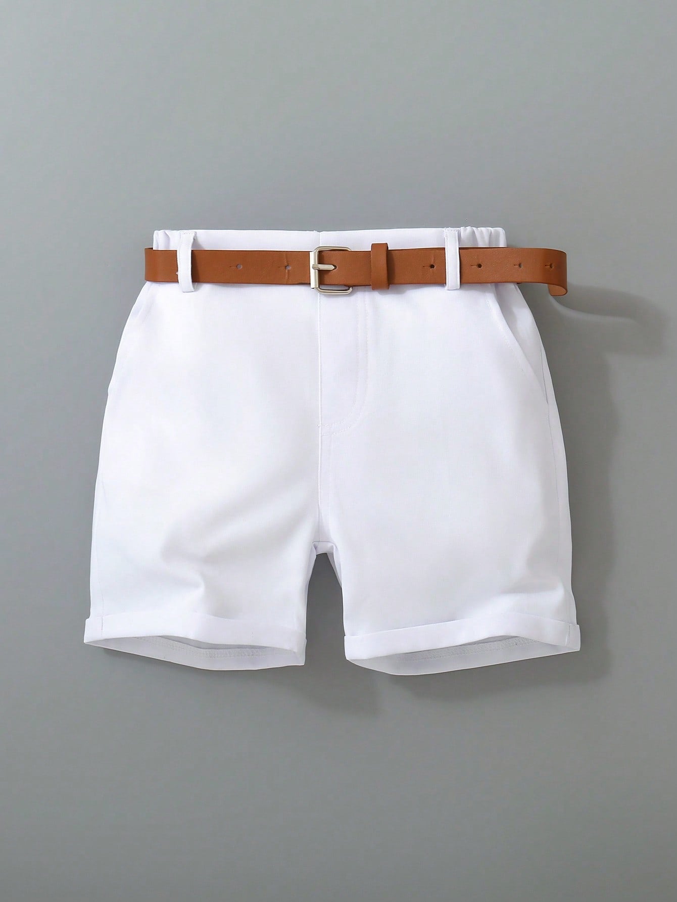 Young Boy Comfortable Woven Solid Color Belt Shorts, Spring/Summer