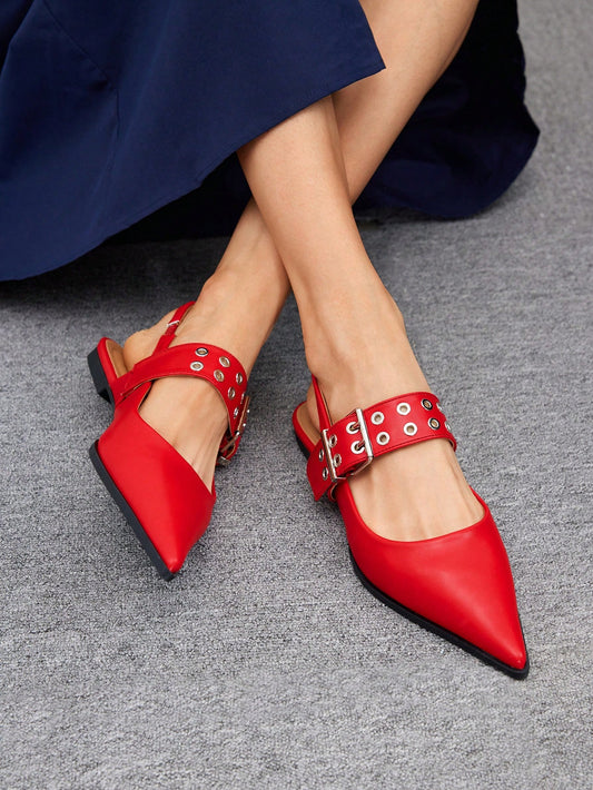 Fashionable Red Pointed Toe Buckled Backless Flat Shoes For Women Elegant Business Casual Business Chic Halloween