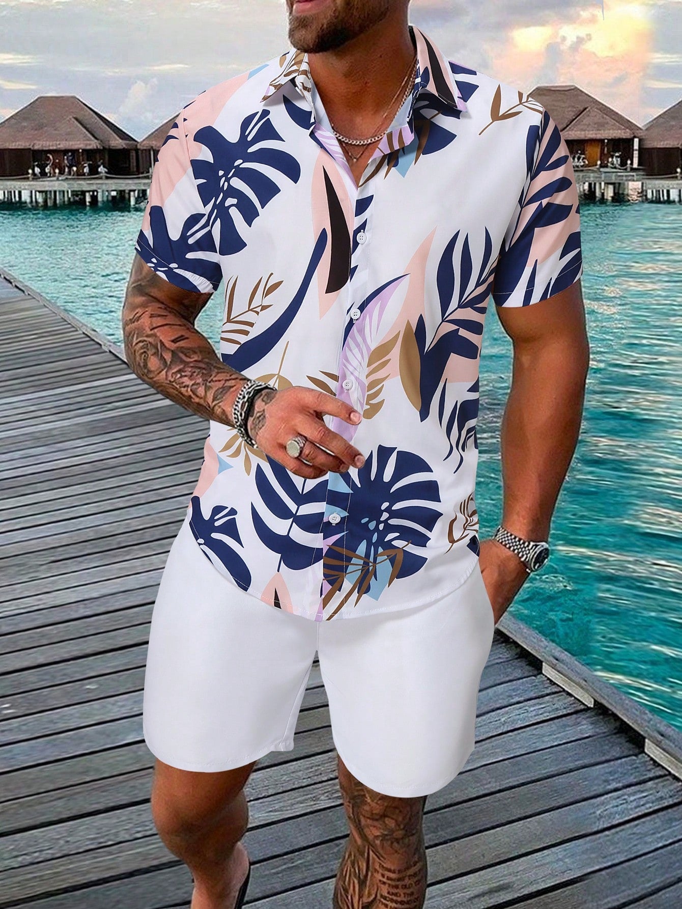 Men Tropical Print Shirt & Shorts