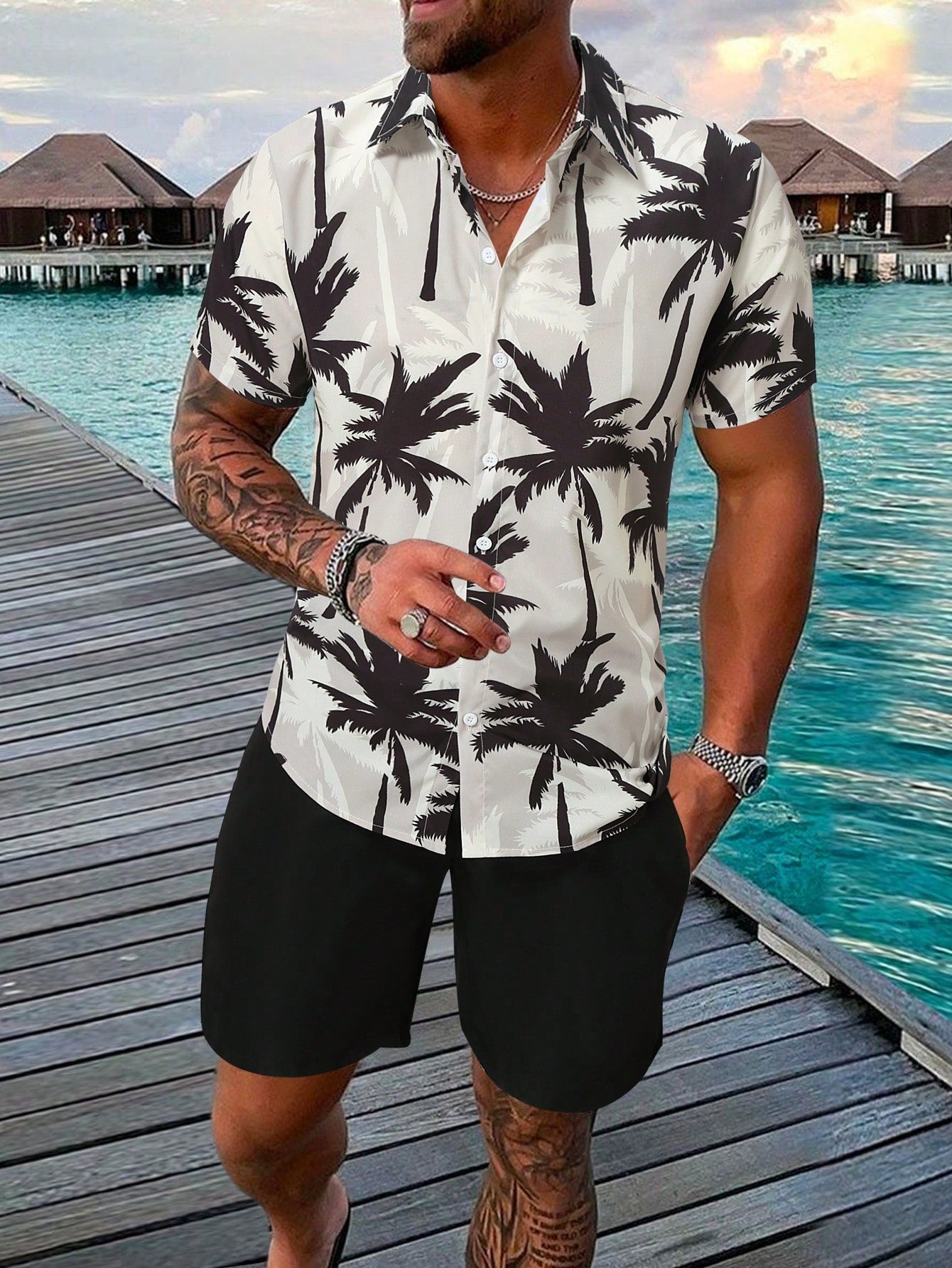 Men Coconut Tree Print Shirt & Shorts