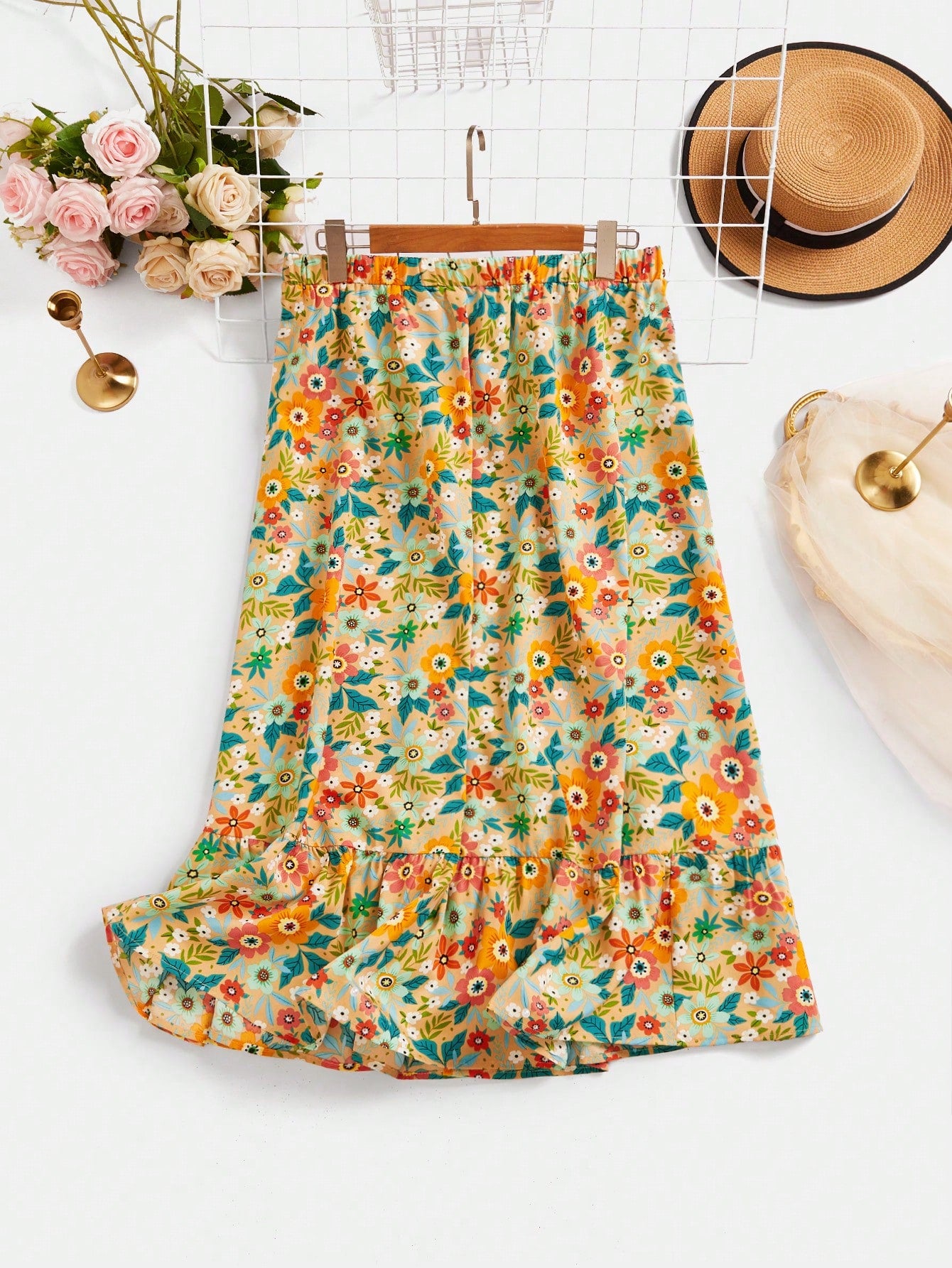 Floral Printed Asymmetric Hem Summer Casual Vacation Style Long Skirt With Ruffle Hem