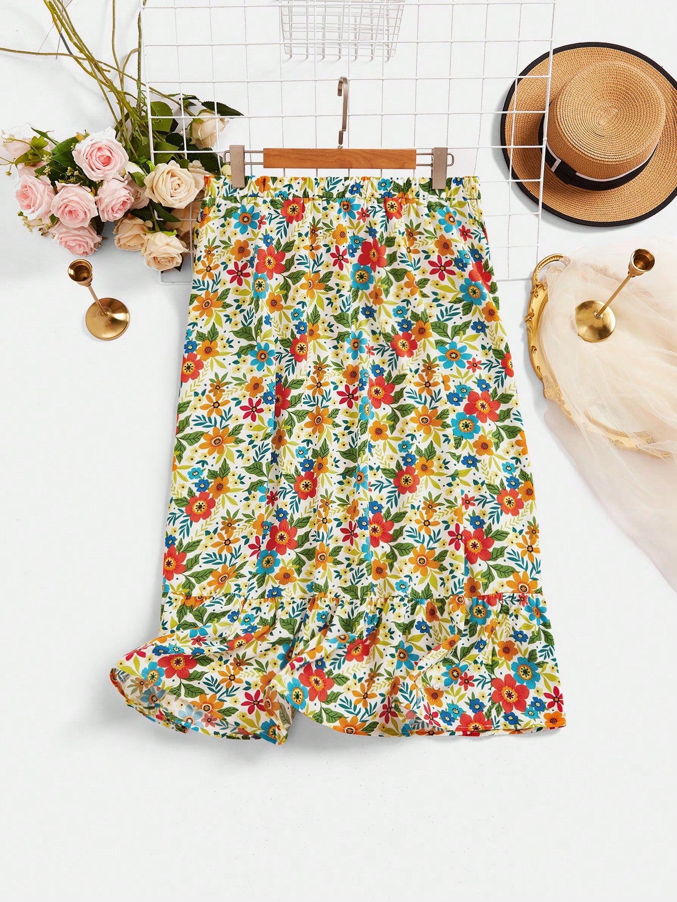 Floral Printed Asymmetric Hem Summer Casual Vacation Style Long Skirt With Ruffle Hem