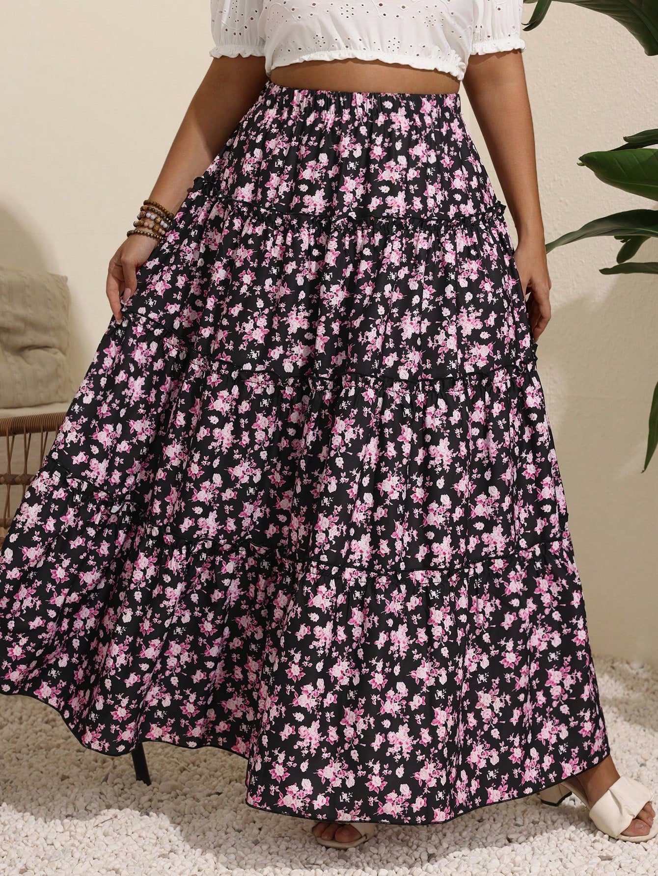 Plus Size Vacation Leisure Small Ditsy Floral Long Skirt