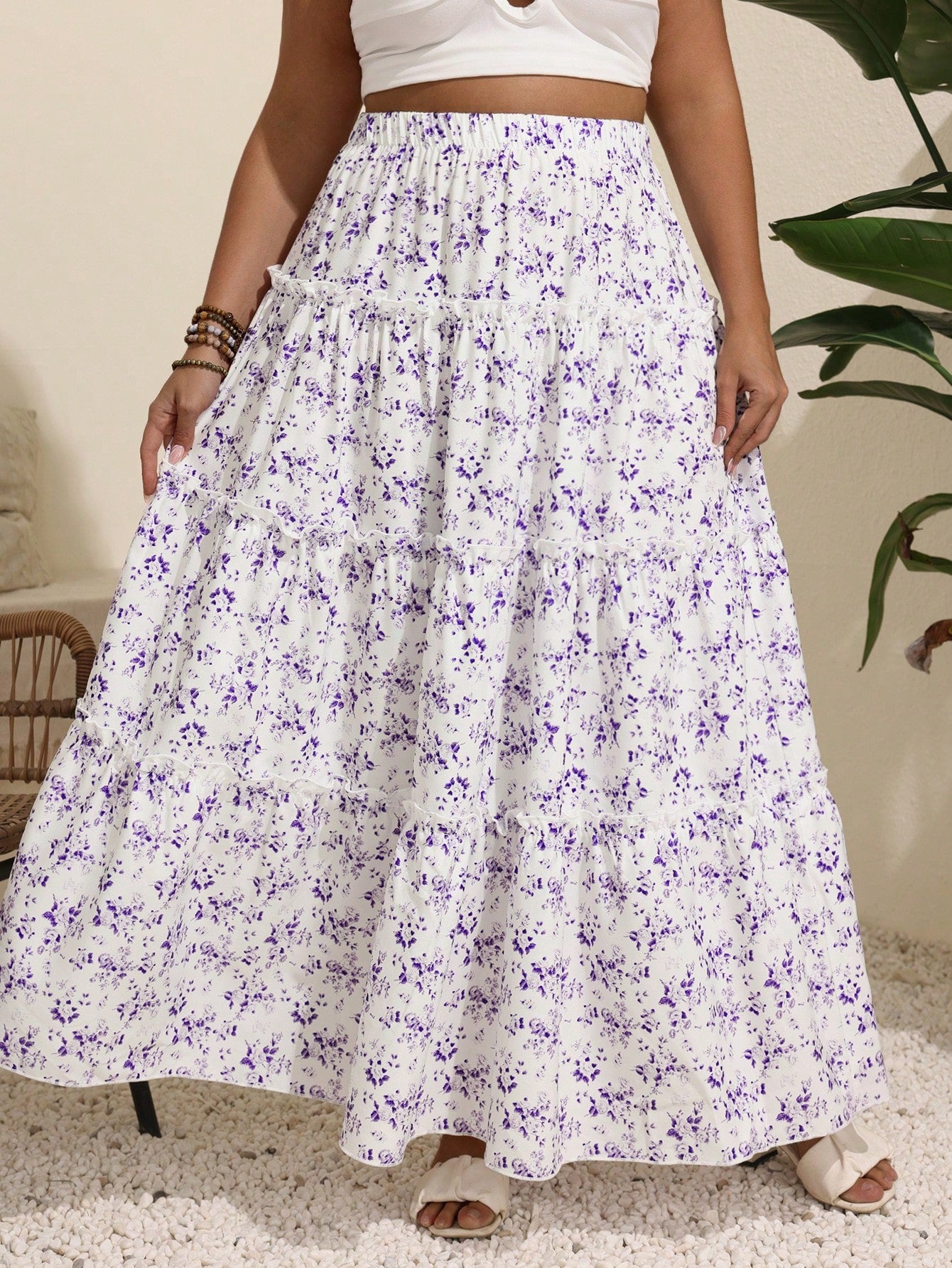 Plus Size Vacation Leisure Small Ditsy Floral Long Skirt