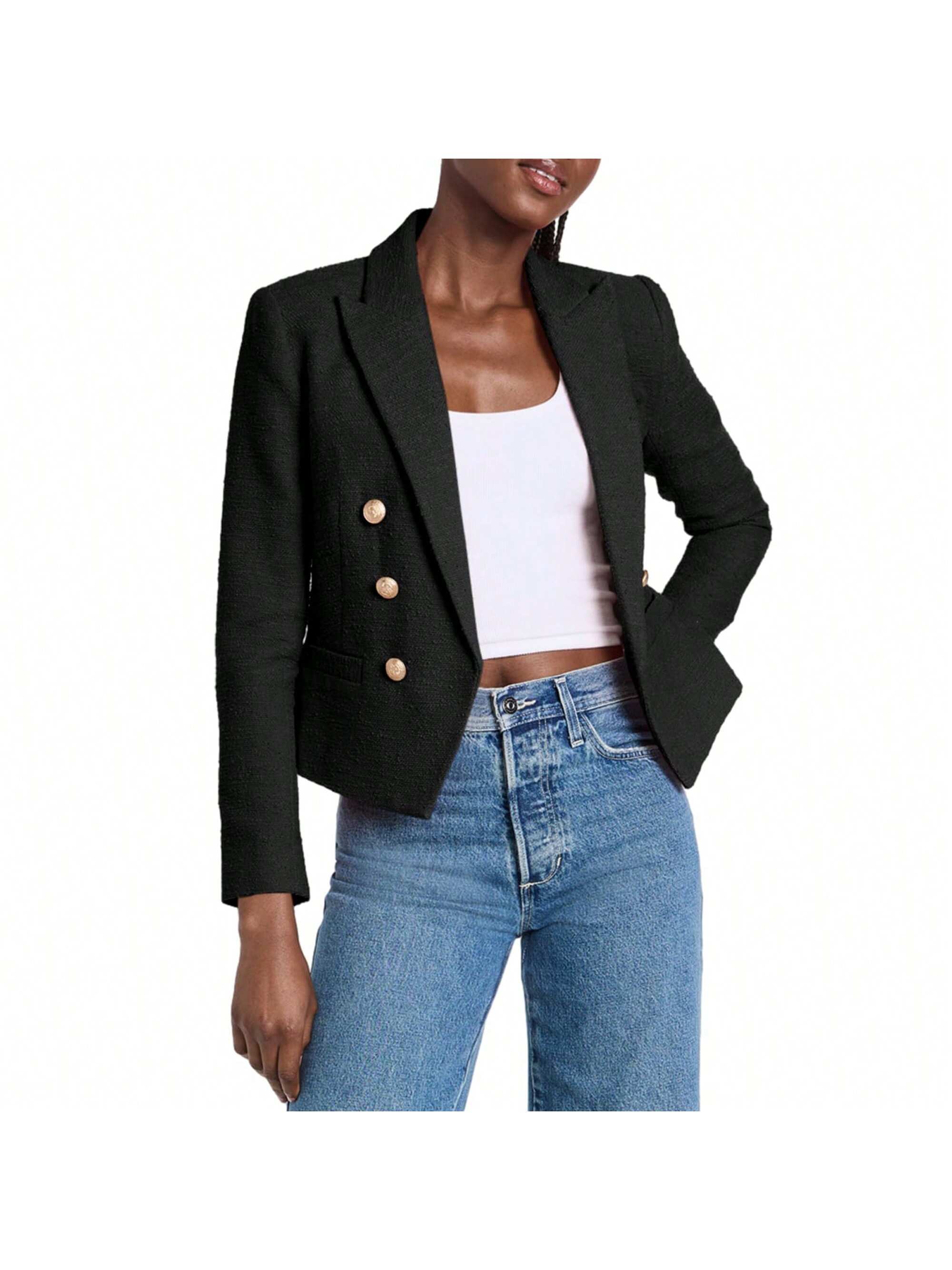 BZB Women Double Breasted Cropped Blazer Jackets Lapel Open Front Long Sleeve Business Suit Jackets With Pocket