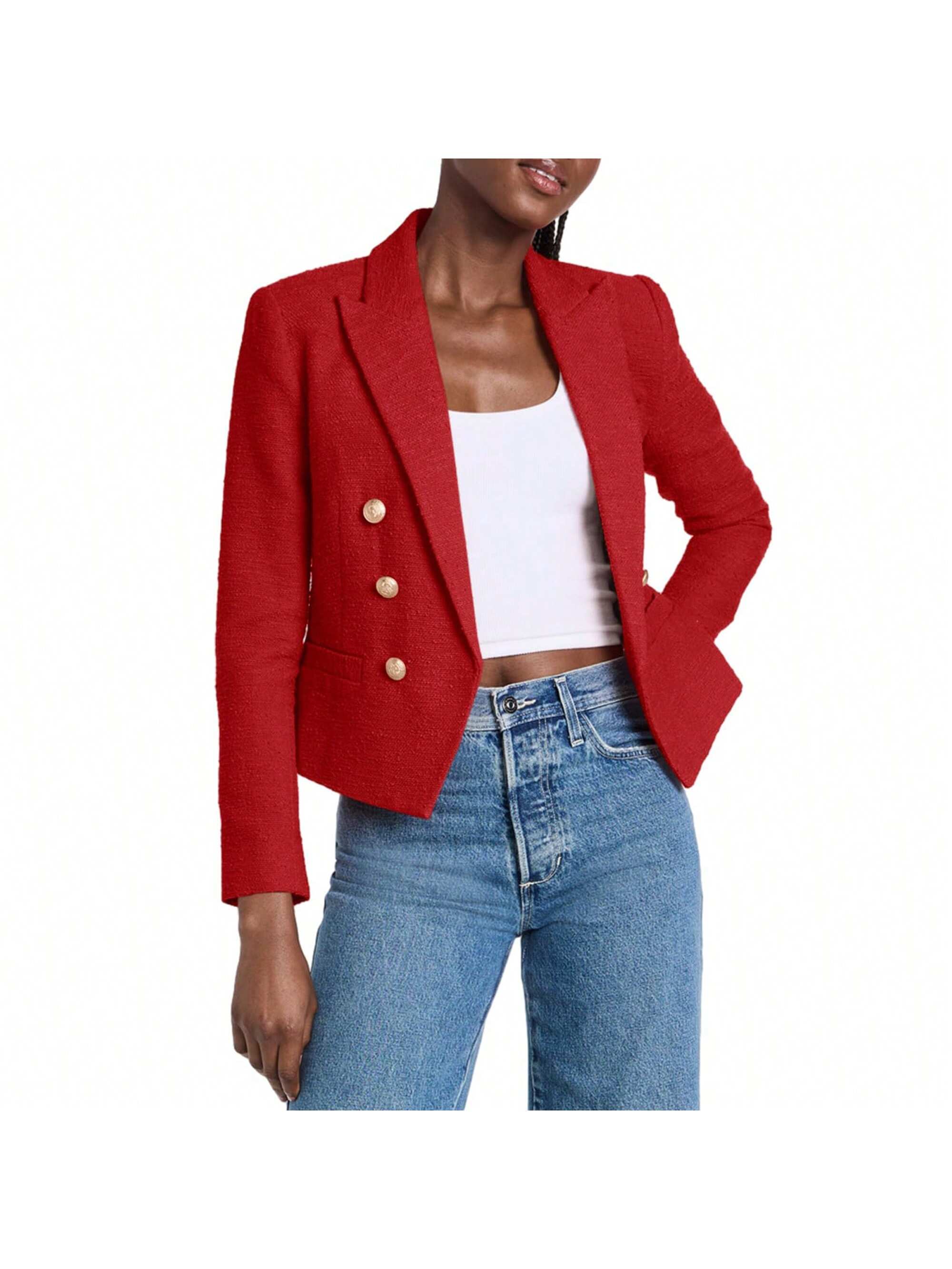 BZB Women Double Breasted Cropped Blazer Jackets Lapel Open Front Long Sleeve Business Suit Jackets With Pocket