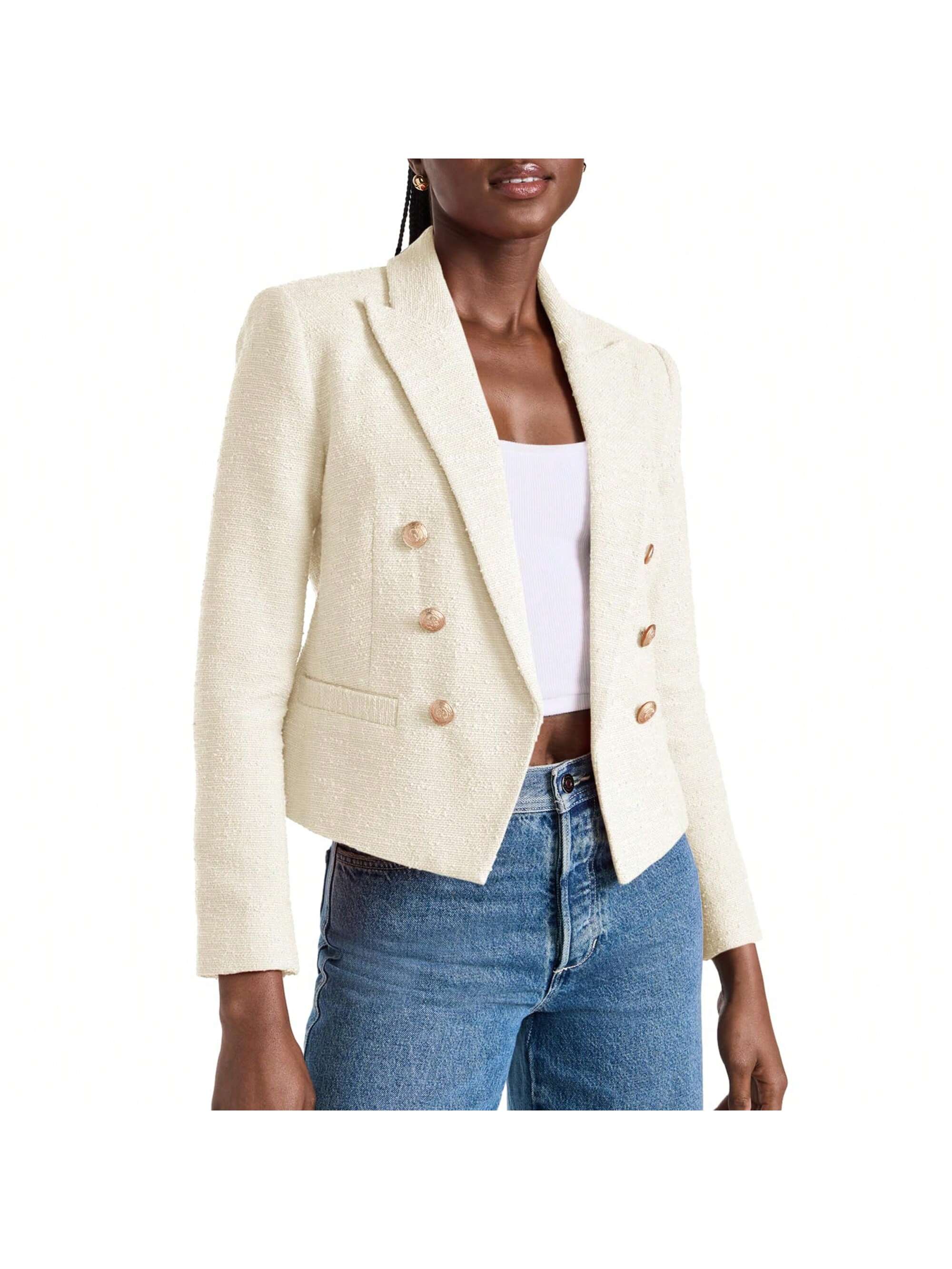 BZB Women Double Breasted Cropped Blazer Jackets Lapel Open Front Long Sleeve Business Suit Jackets With Pocket