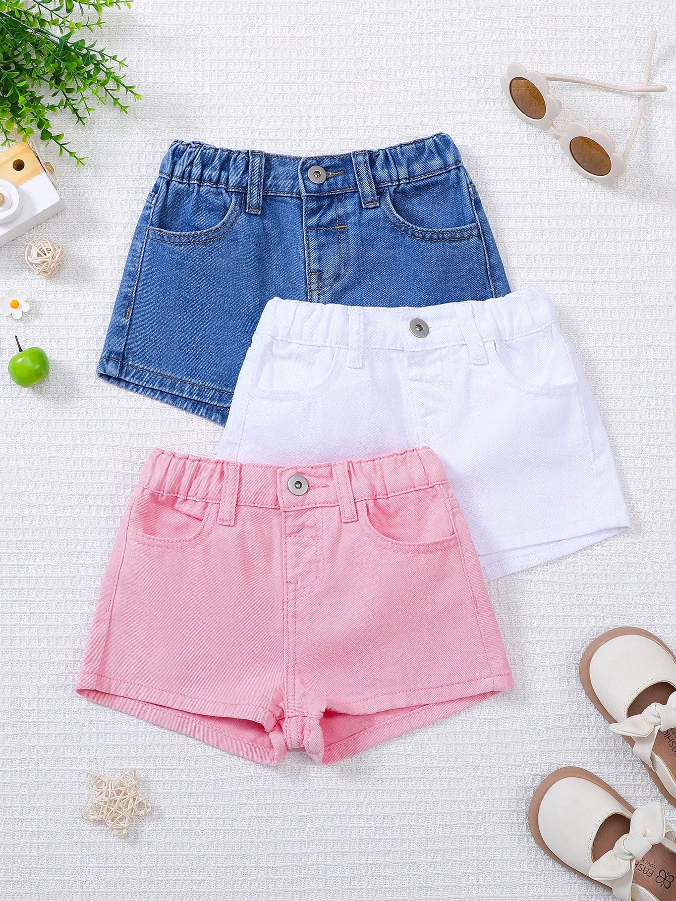 Young Girl 3pcs Summer Plain Casual Denim Shorts Set