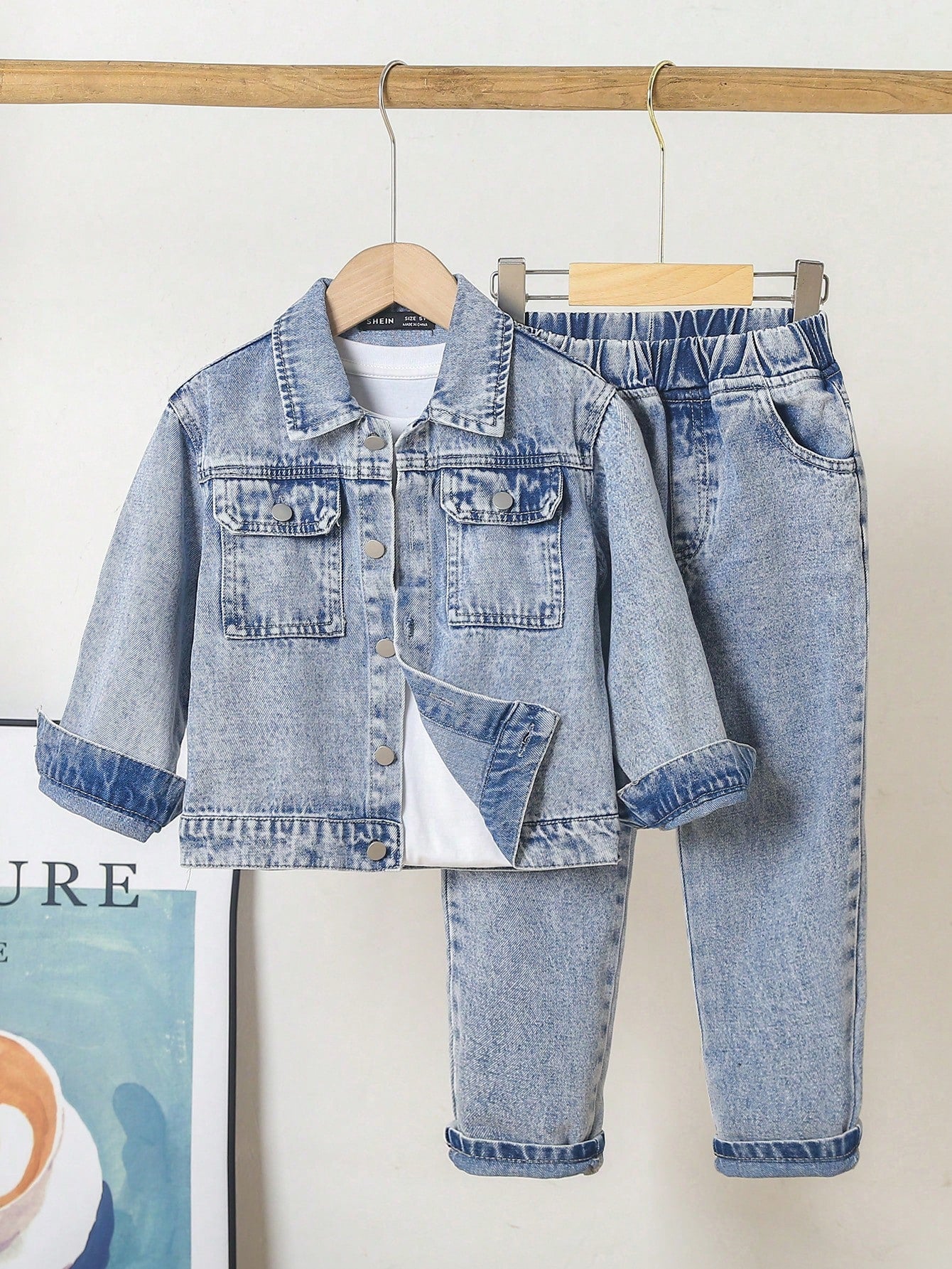 Kids Young Boy 1pc Flap Pocket Denim Jacket & 1pc Jeans