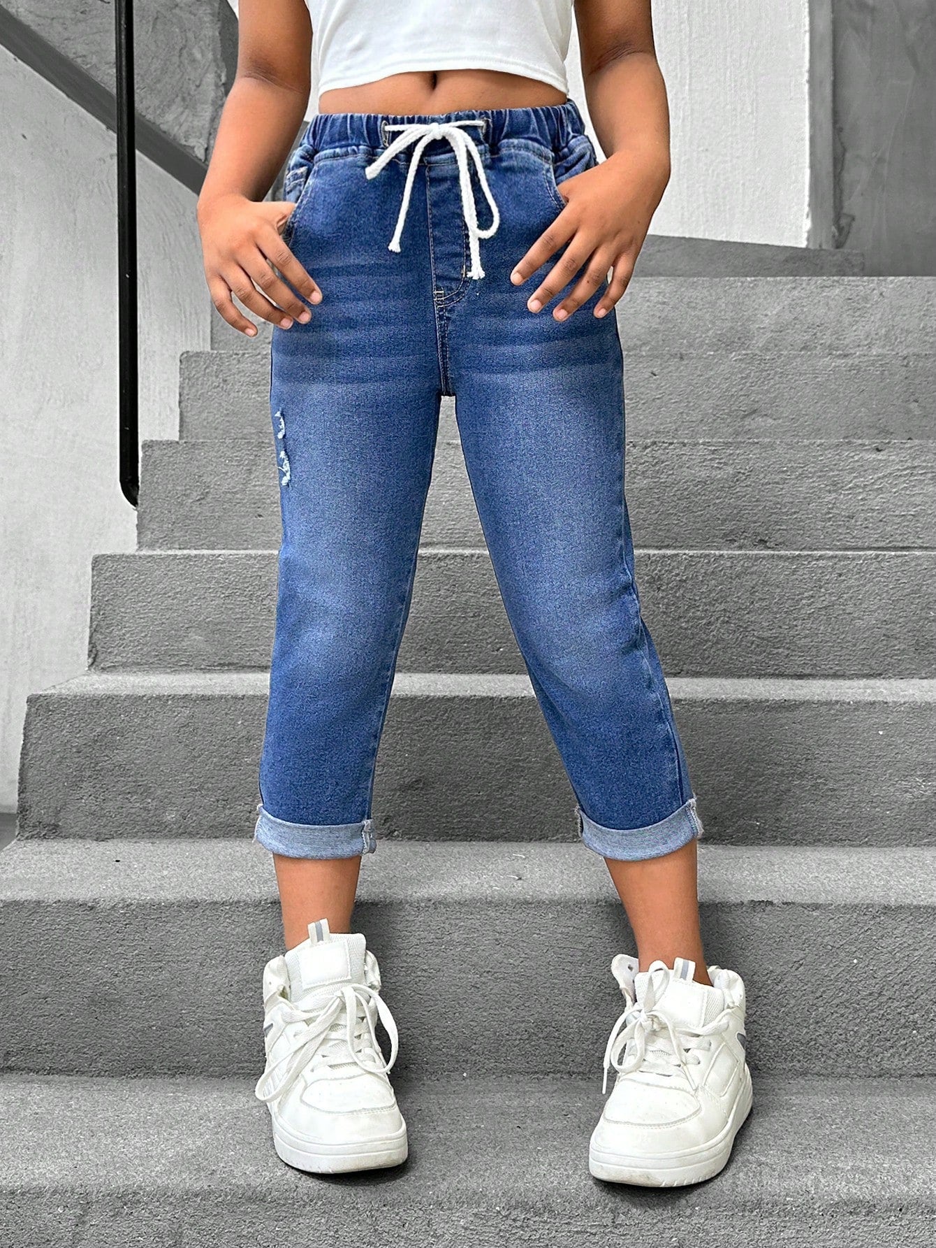 Tween Girls' Summer Drawstring Waist Ripped Rolled Hem Casual  Denim Pants With Pockets