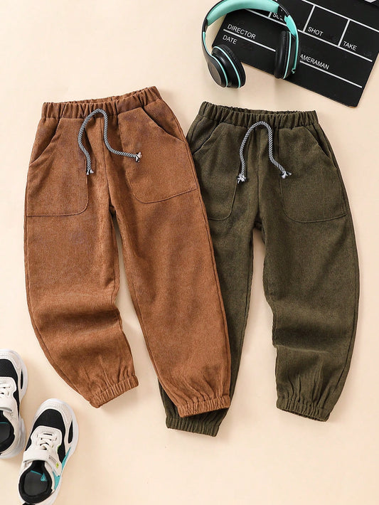 2pcs Young Boys' Casual Sports Solid Color Corduroy Joggers With Pockets, Suitable For Spring And Autumn Seasons. Suitable For Casual Wear, Sports, Travel, Daily Wear, School, And Outdoor Activities