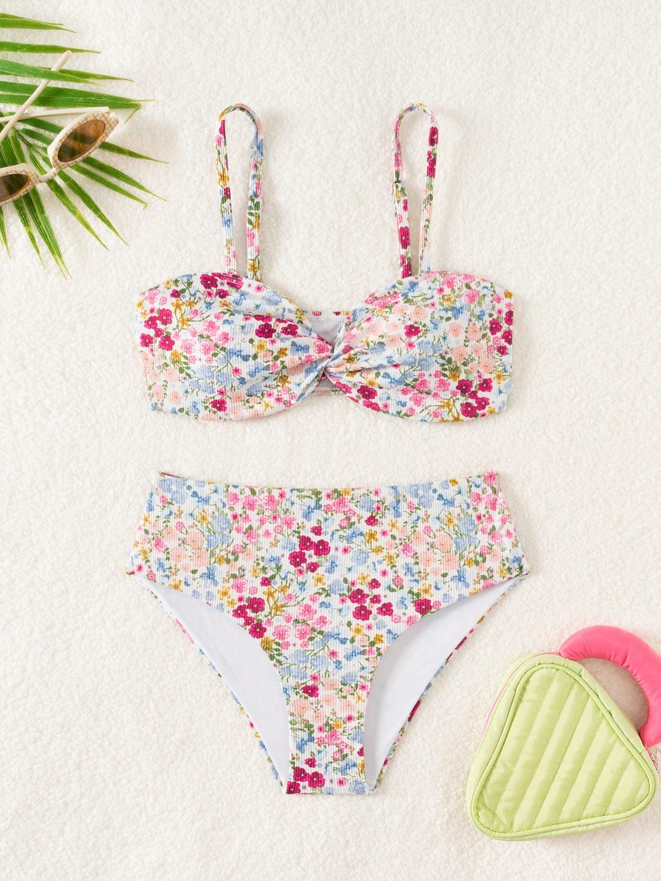 Tween Girl Floral Bowknot Bikini Set, 2pcs Clean And Well-Fit Bikini Set For Summer Beach Vacation