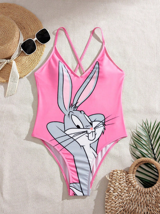 LOONEY TUNES X Women's High Elasticity Knitted One-Piece Swimsuit With Straps