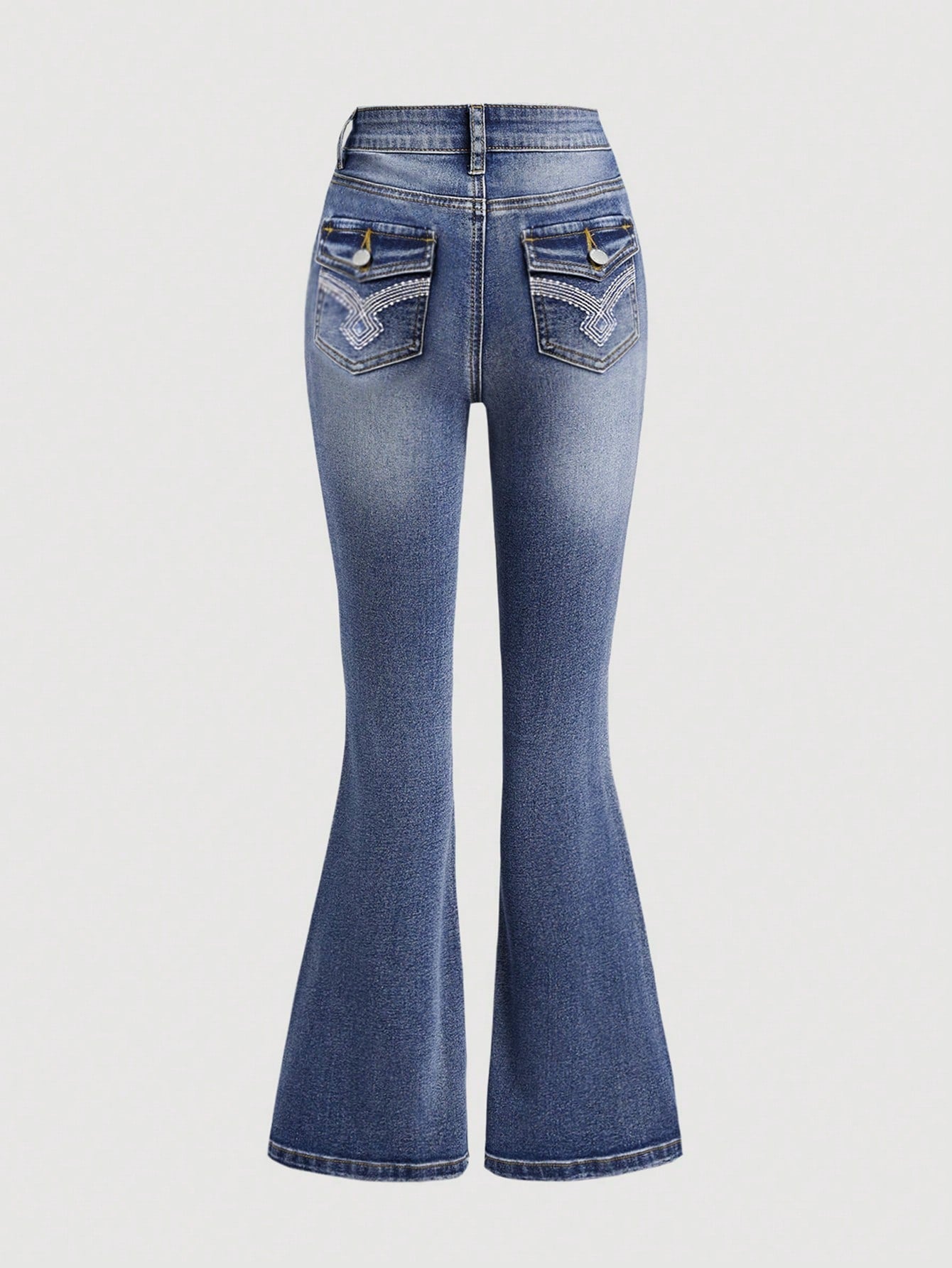 Tween Girl Y2k Trendy Stonewashed Embroidery Detail Denim Flare Leg Jeans With Slanted Pocket