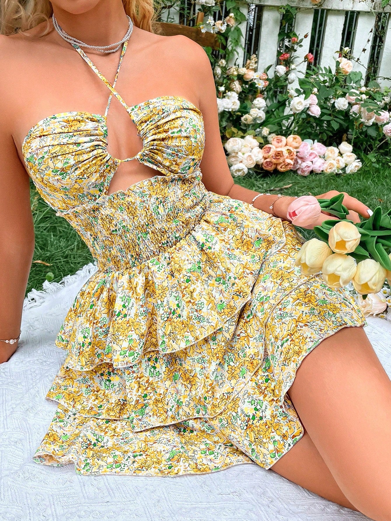 Floral Print Shirred Waist Cut Out Tie Backless Layered Hem Halter Dress Sundresses