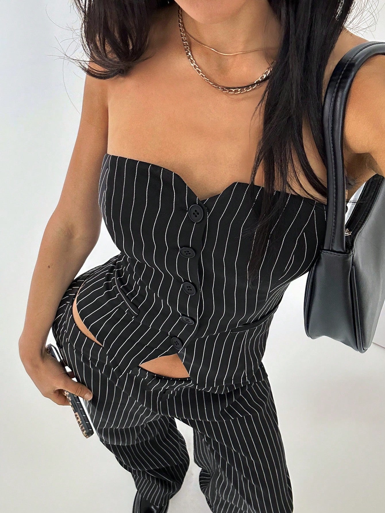 Women's Simple Summer Set With Single-Breasted Bustier Top And Wide-Leg Pants, Casual Outfits (2pcs)