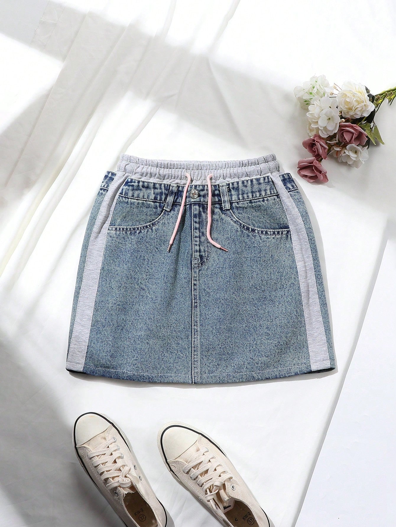 Teen Girls' Vintage And Personalized Color Block Denim Skirt With Pink Drawstring Elastic Waistband, Loose And Comfortable Casual Wear