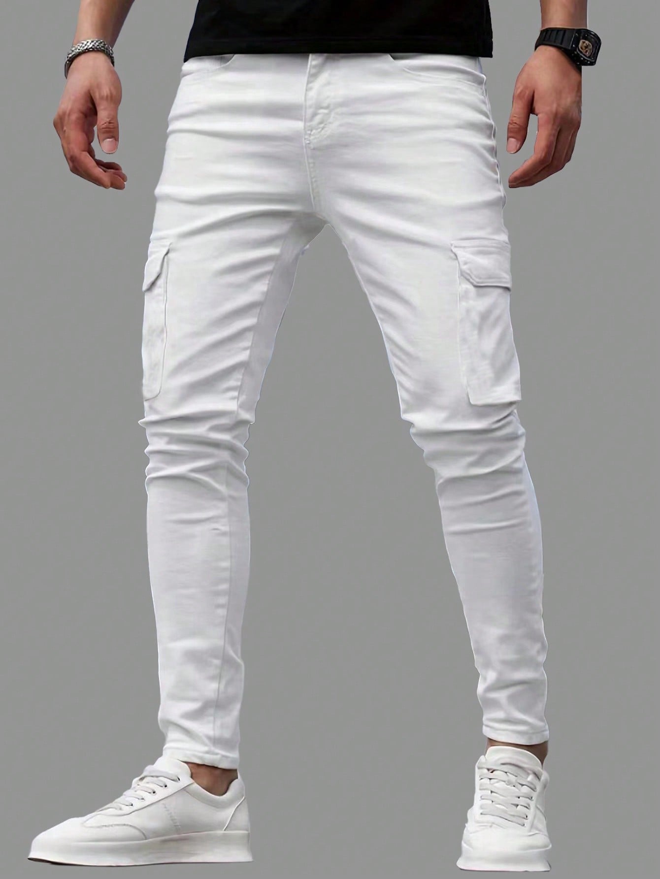 Teen Boy White Comfortable Fitted Minimalist Pocket Design Denim Leggings For Vcation And Dailywear