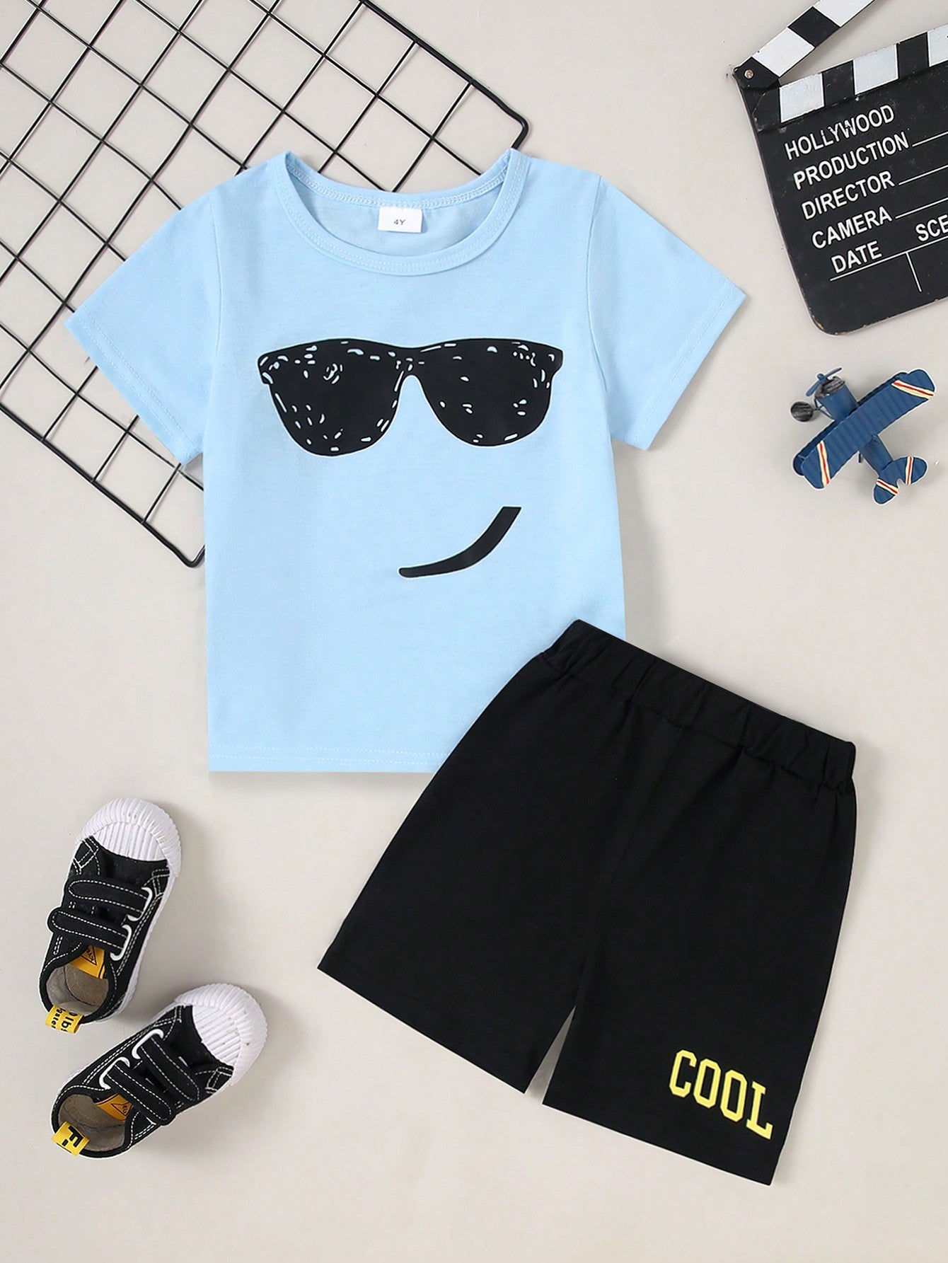 Young Boy Summer Casual Face Print Short Sleeve T-Shirt And Shorts Set