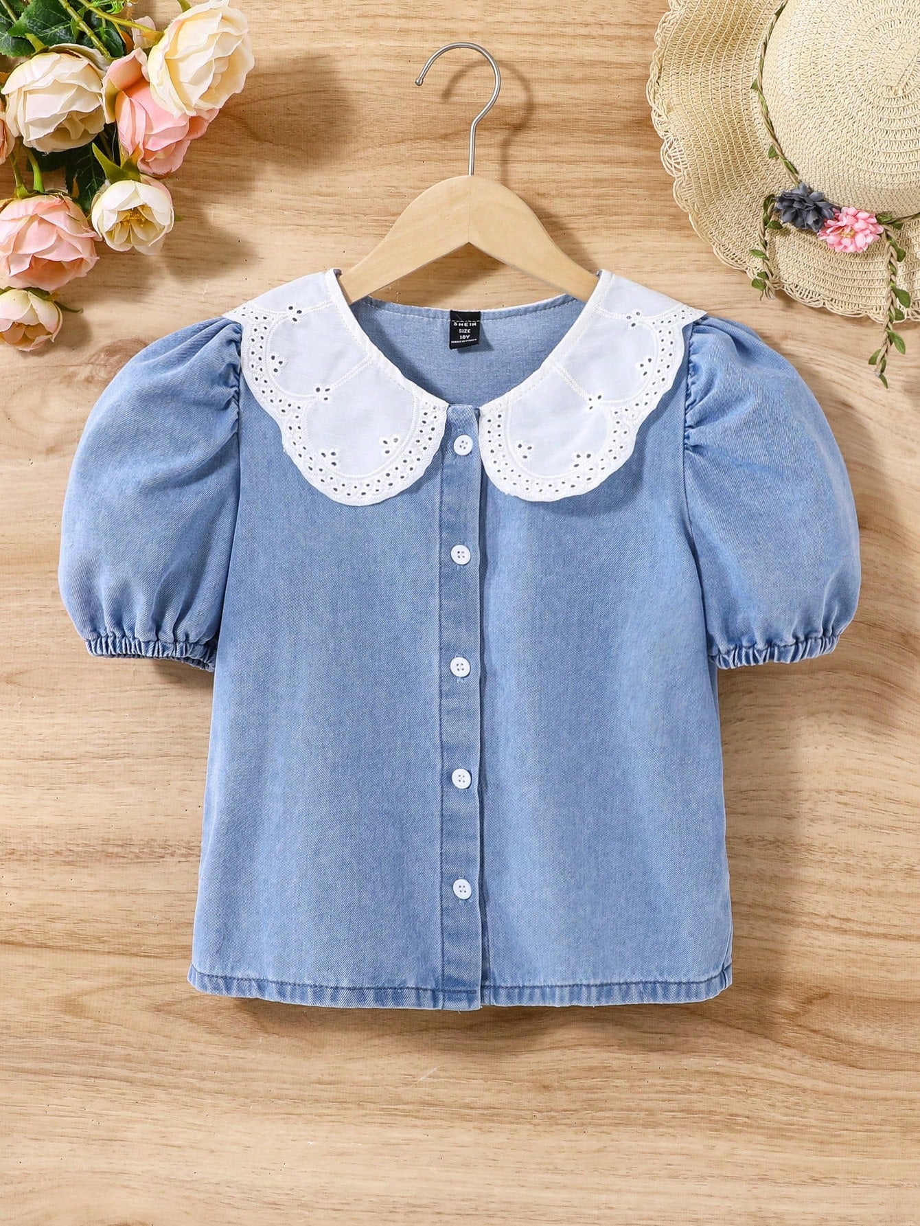 Tween Girls' Peter Pan Collar Denim Shirt With Eyelet Embroidery And Puff Sleeves,Kids Summer Clothes Outfits