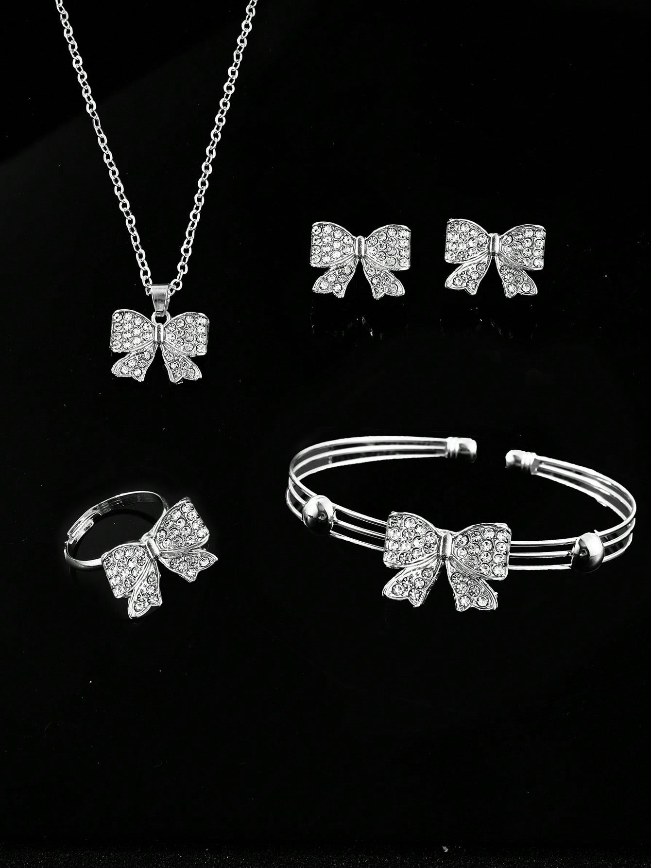 5pcs Children's Jewelry Set Including Zinc Alloy Bow-Shaped Pendant Necklace, Bracelet, Ring And Earrings