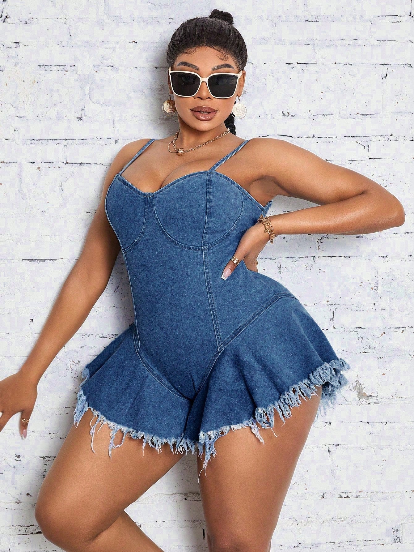 Plus Size Denim Jumpsuit With Ruffle Hem And Frayed Edge For Daily Wear