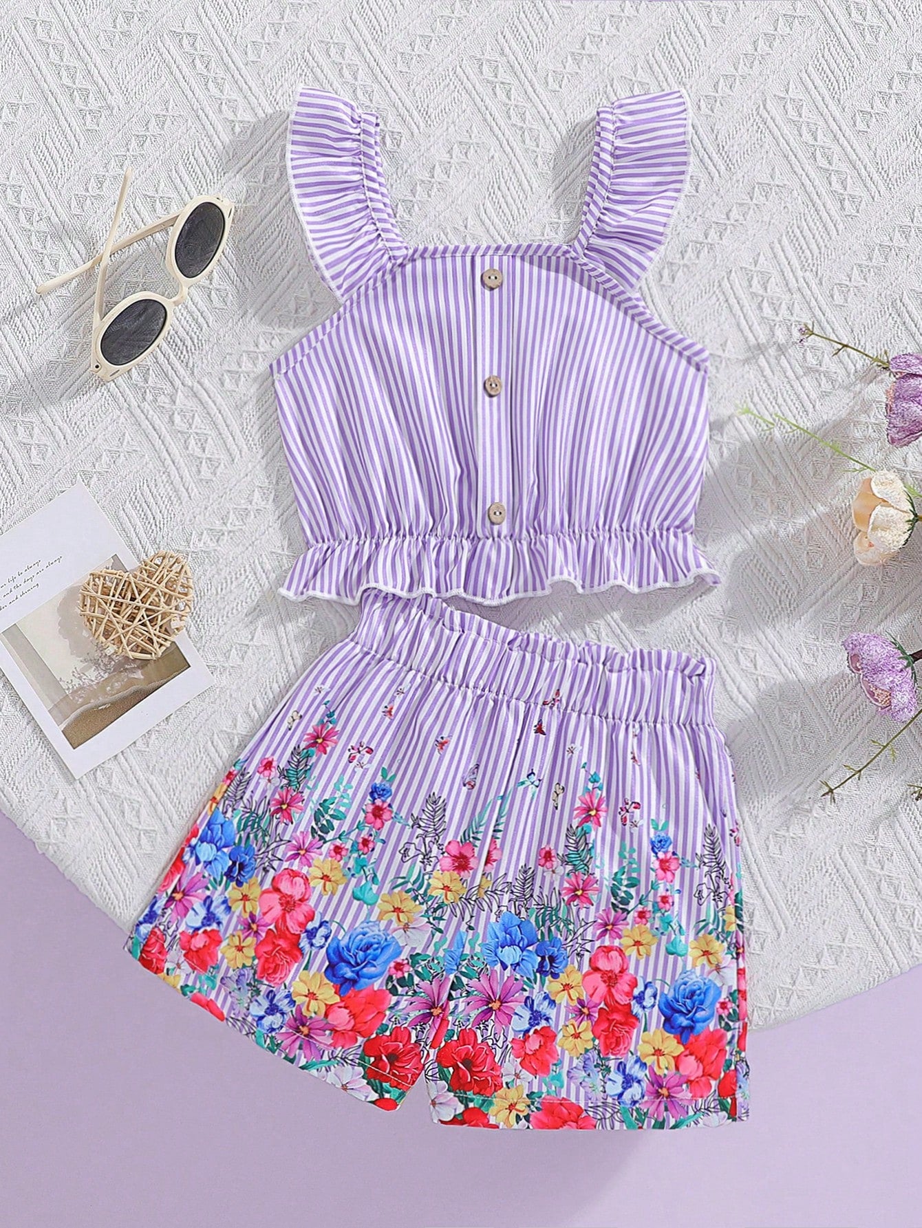 Young Girl Elegant And Flower Patterned Button Design Tank Top With Elastic Shorts Set, Suitable For Vacation And Travel In Spring And Summer