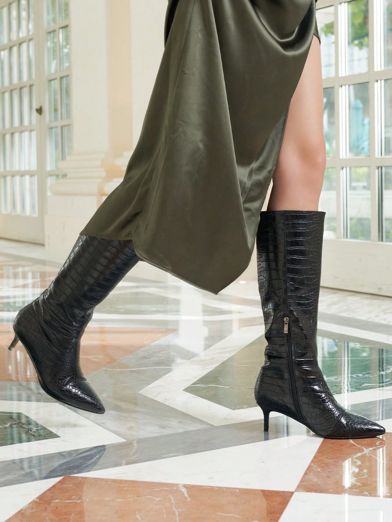 Knee High Boots For Women - Pointed Toe Sexy Stiletto Heel Boots With Side Zipper, Fashion High Boot For Ladies, Elegant Long Boots For Fall Spring, Mid Heel PU Leather Boots