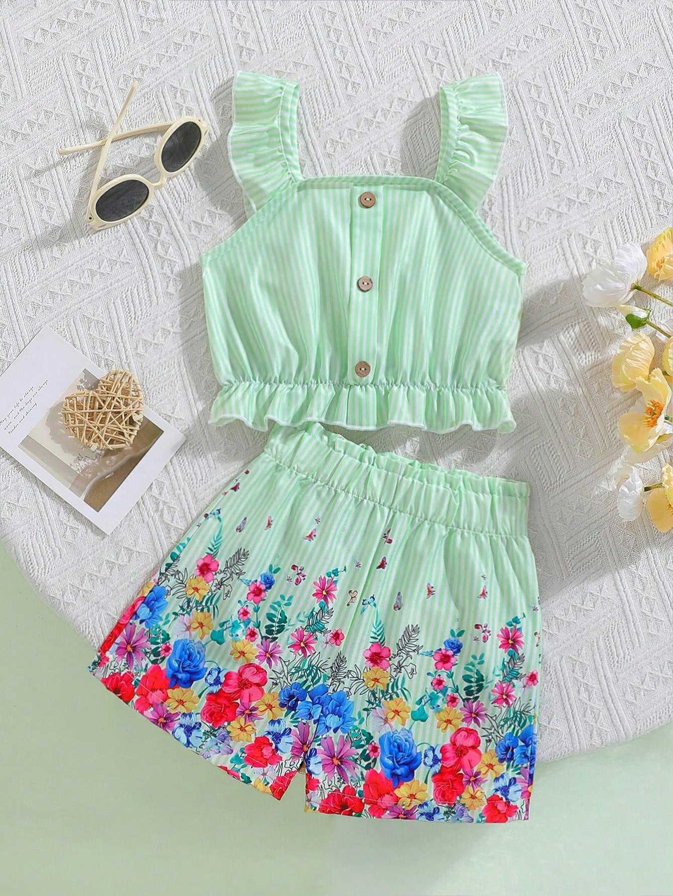 Young Girl Elegant And Flower Patterned Button Design Tank Top With Elastic Shorts Set, Suitable For Vacation And Travel In Spring And Summer