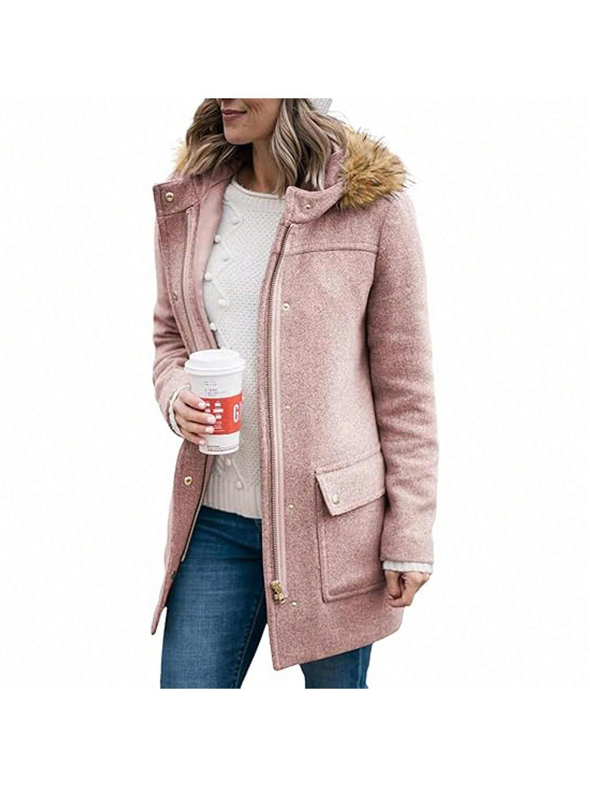 PiePieBuy Womens Coats Fall Winter Mid Length Thick Warm Pea Coat Elegant Faux Wool Coat With Detachable Hat Jacket Outerwear